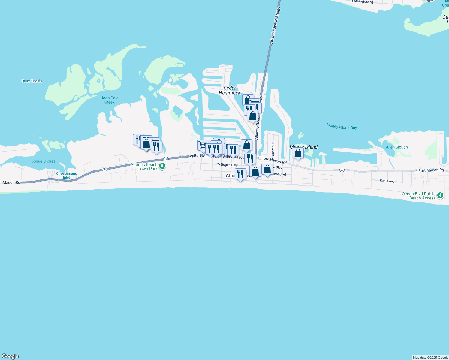 map of restaurants, bars, coffee shops, grocery stores, and more near 311 West Atlantic Boulevard in Atlantic Beach