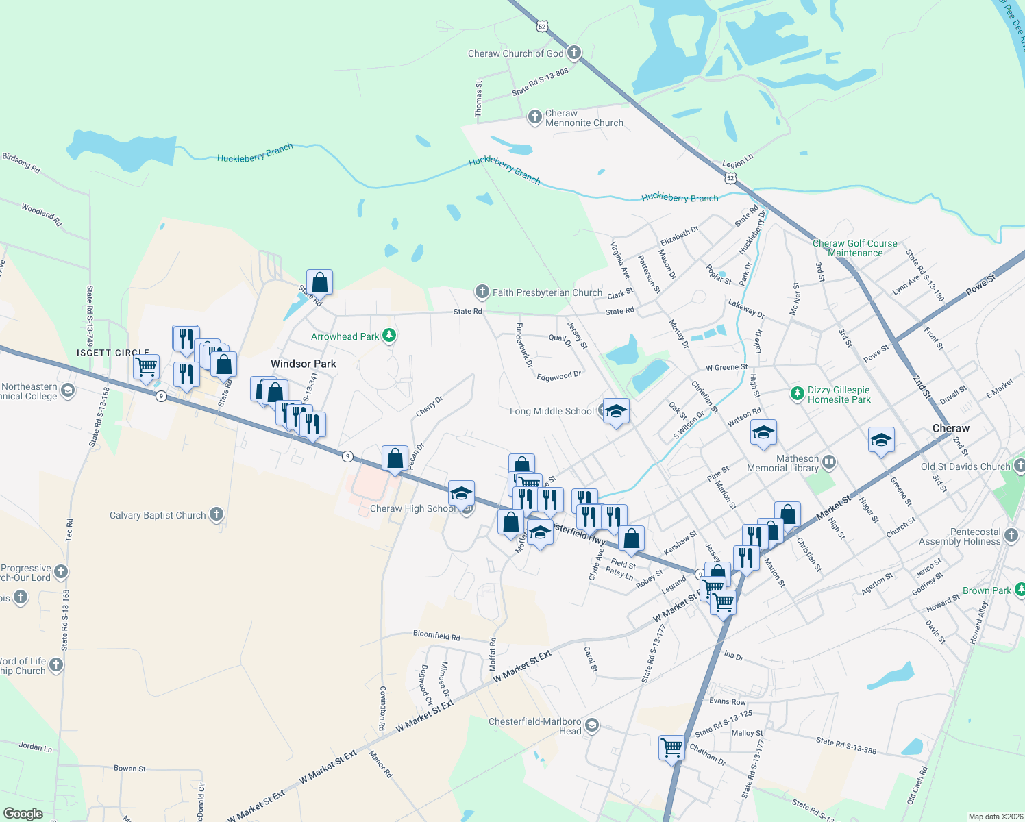 map of restaurants, bars, coffee shops, grocery stores, and more near Little John Road in Cheraw