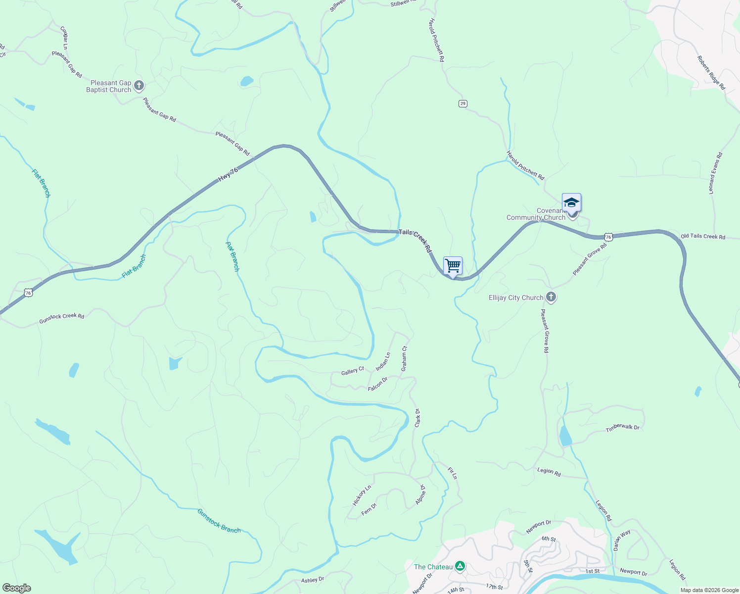map of restaurants, bars, coffee shops, grocery stores, and more near 46 Private Drive in Ellijay