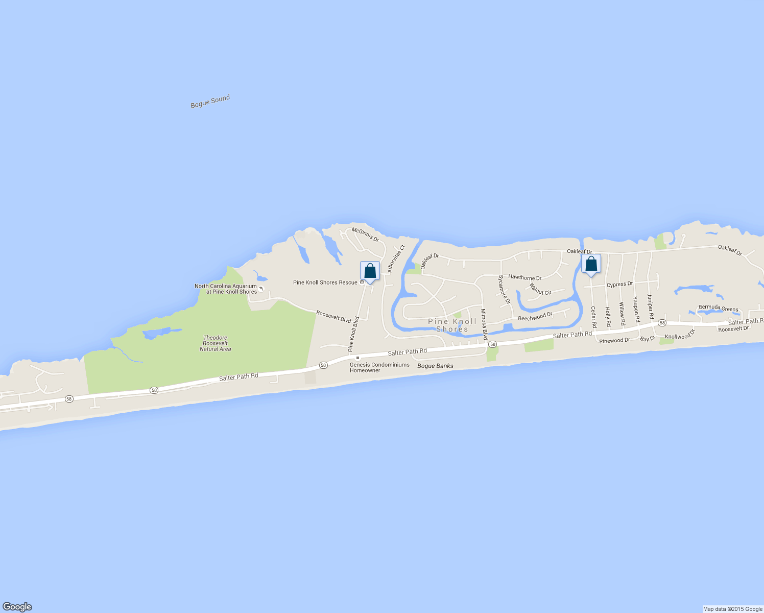 map of restaurants, bars, coffee shops, grocery stores, and more near 156 Arborvitae Dr in Pine Knoll Shores