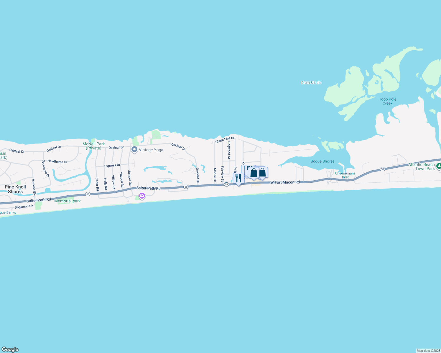 map of restaurants, bars, coffee shops, grocery stores, and more near 109 Fairview Street in Atlantic Beach