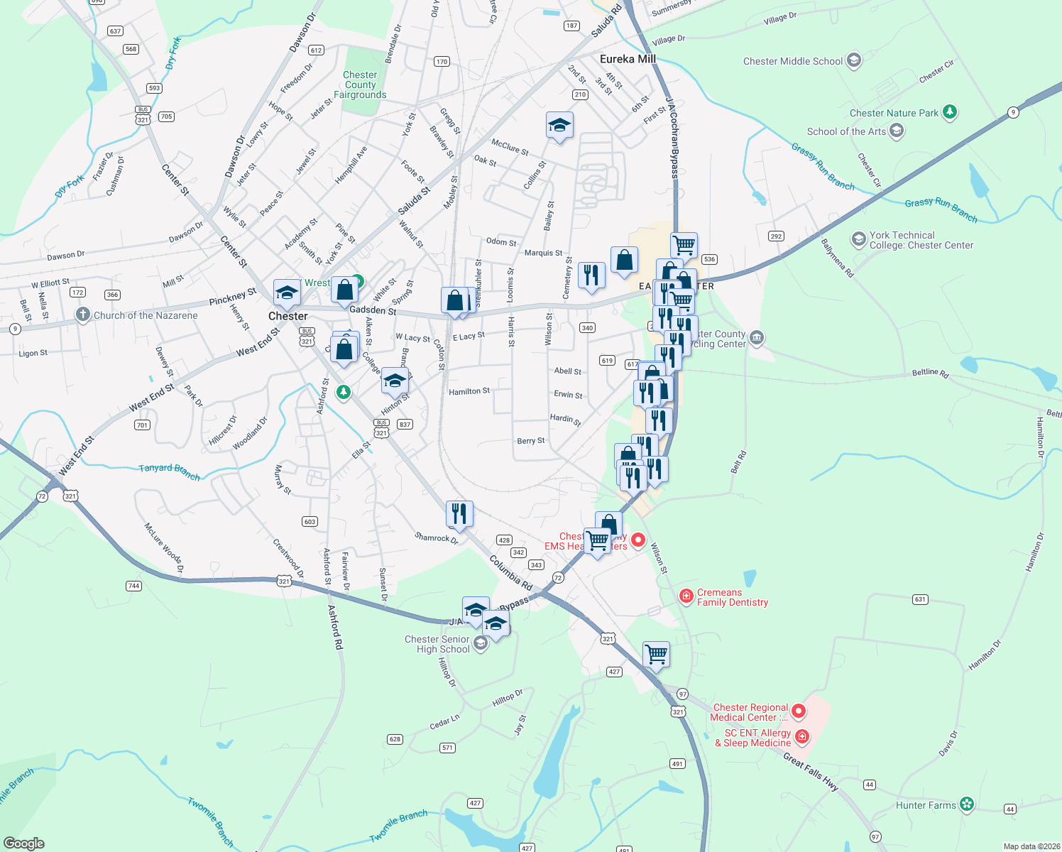 map of restaurants, bars, coffee shops, grocery stores, and more near 107 Hardin St in Chester