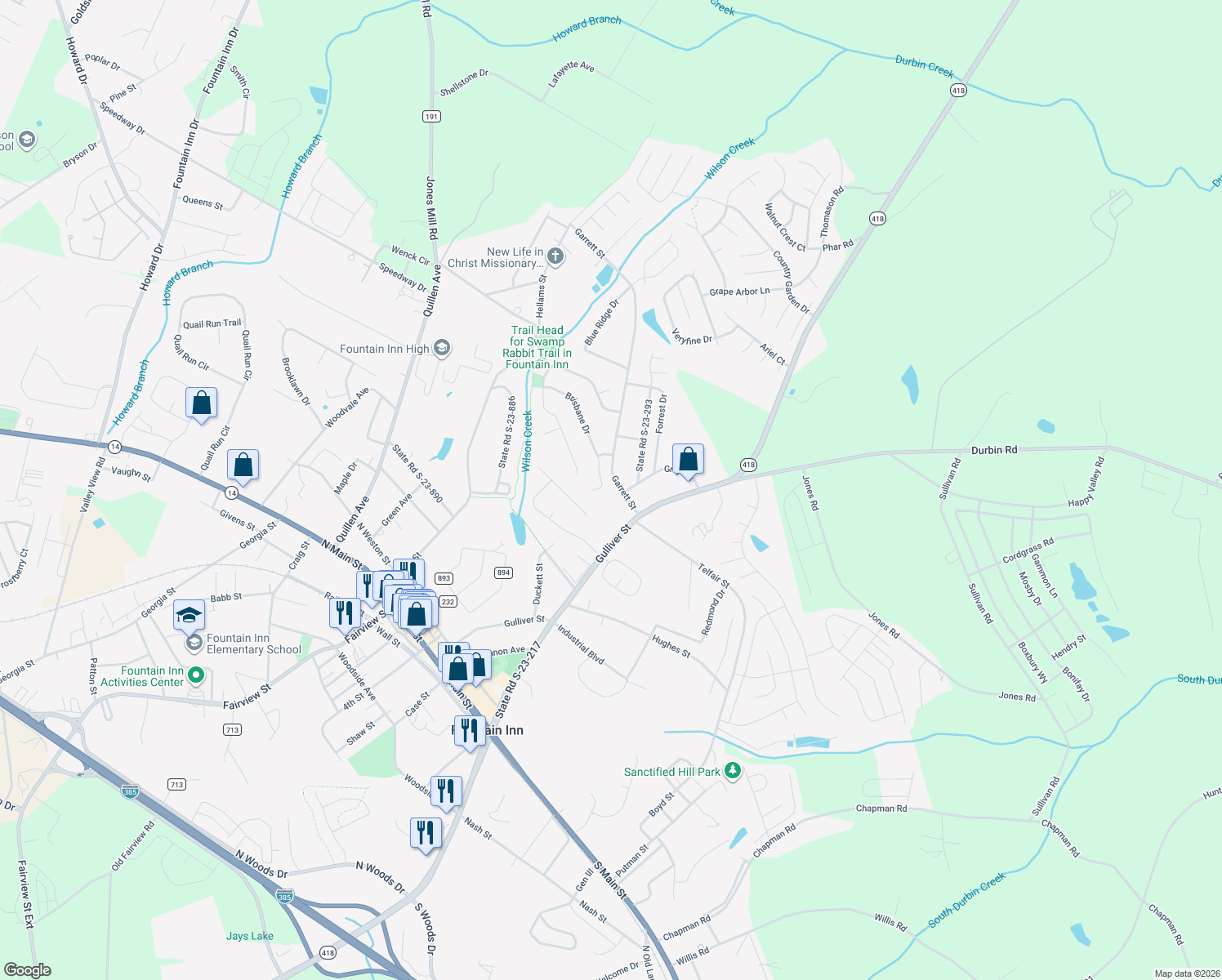 map of restaurants, bars, coffee shops, grocery stores, and more near 113 Queensland Court in Fountain Inn