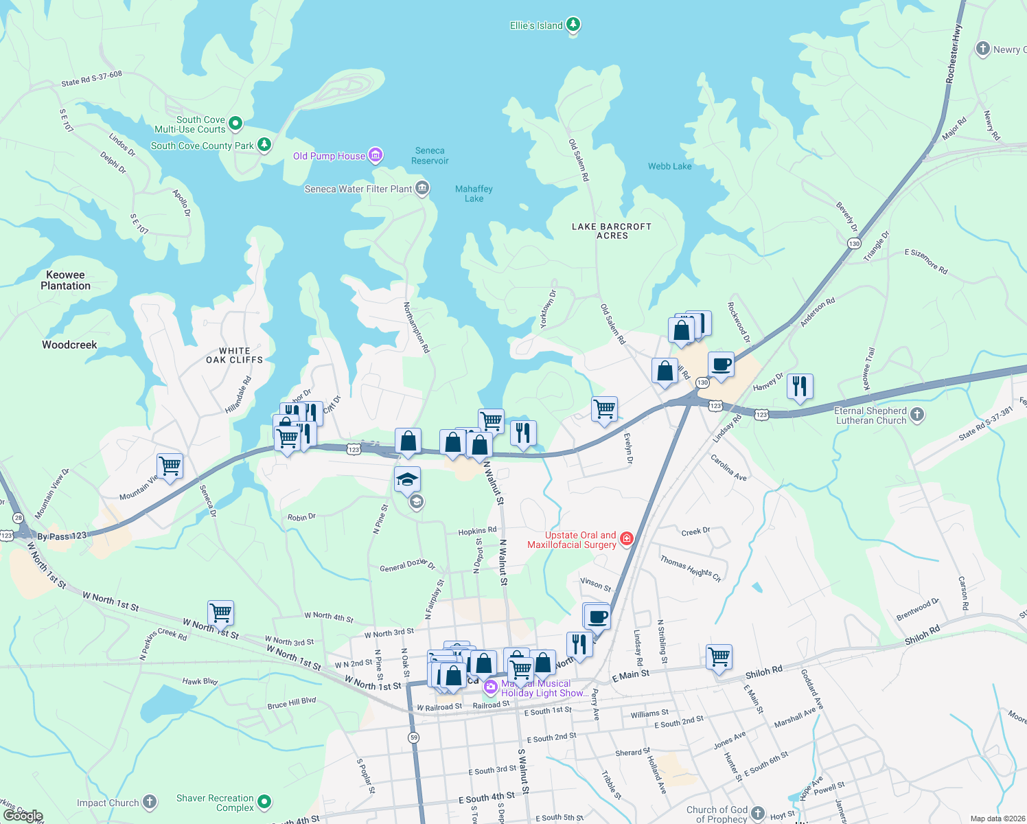 map of restaurants, bars, coffee shops, grocery stores, and more near 515 Inlet Drive in Seneca