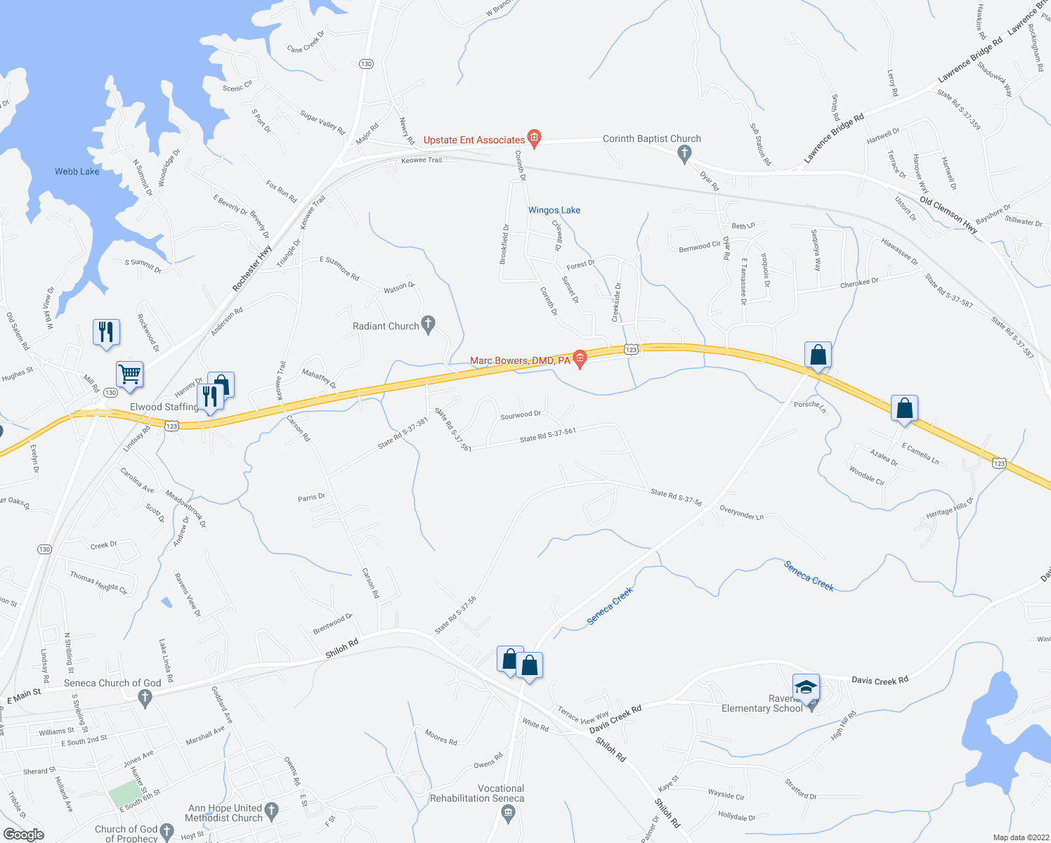 map of restaurants, bars, coffee shops, grocery stores, and more near 300 Sourwood Drive in Seneca
