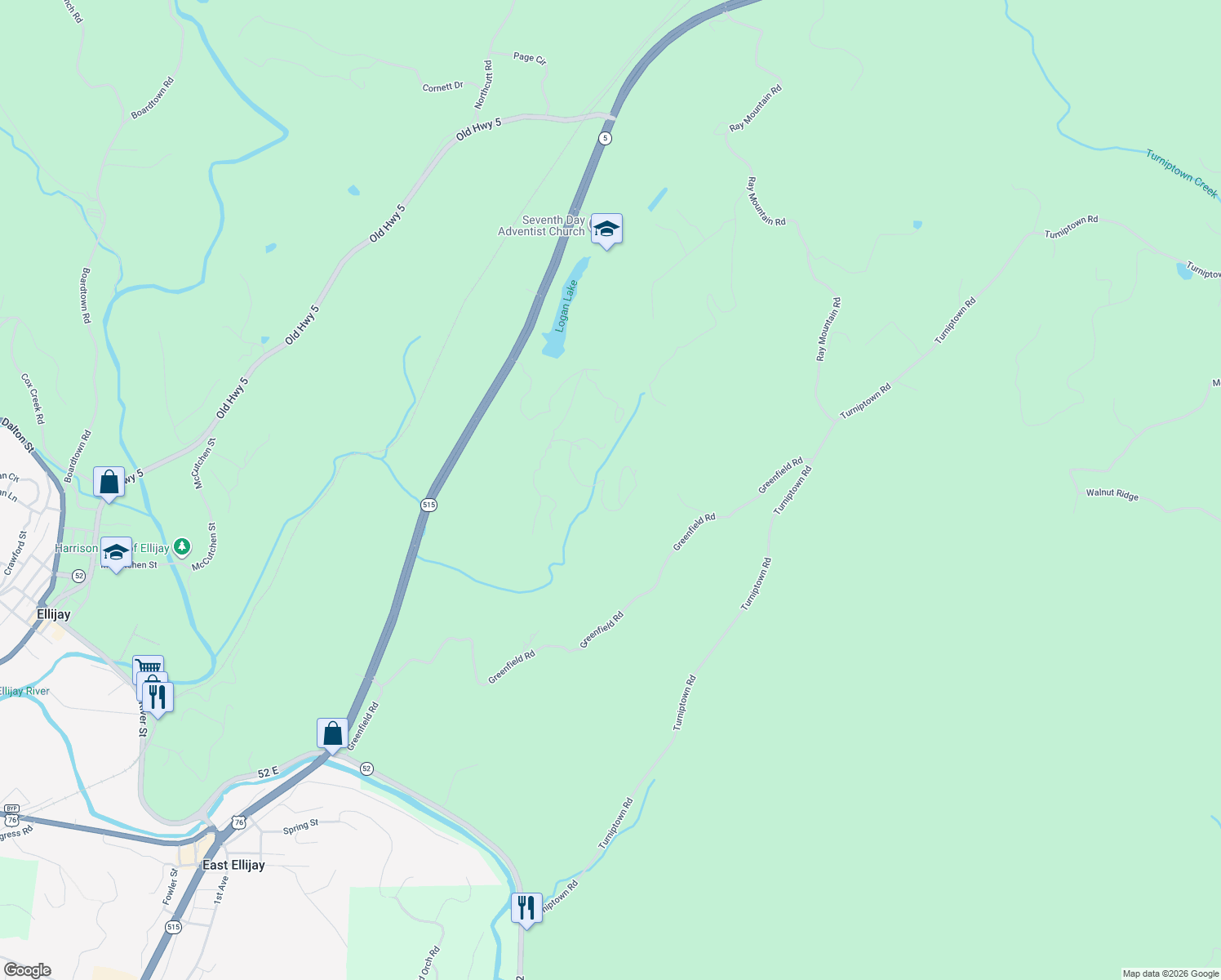 map of restaurants, bars, coffee shops, grocery stores, and more near 121 Greenfield Lane in Ellijay