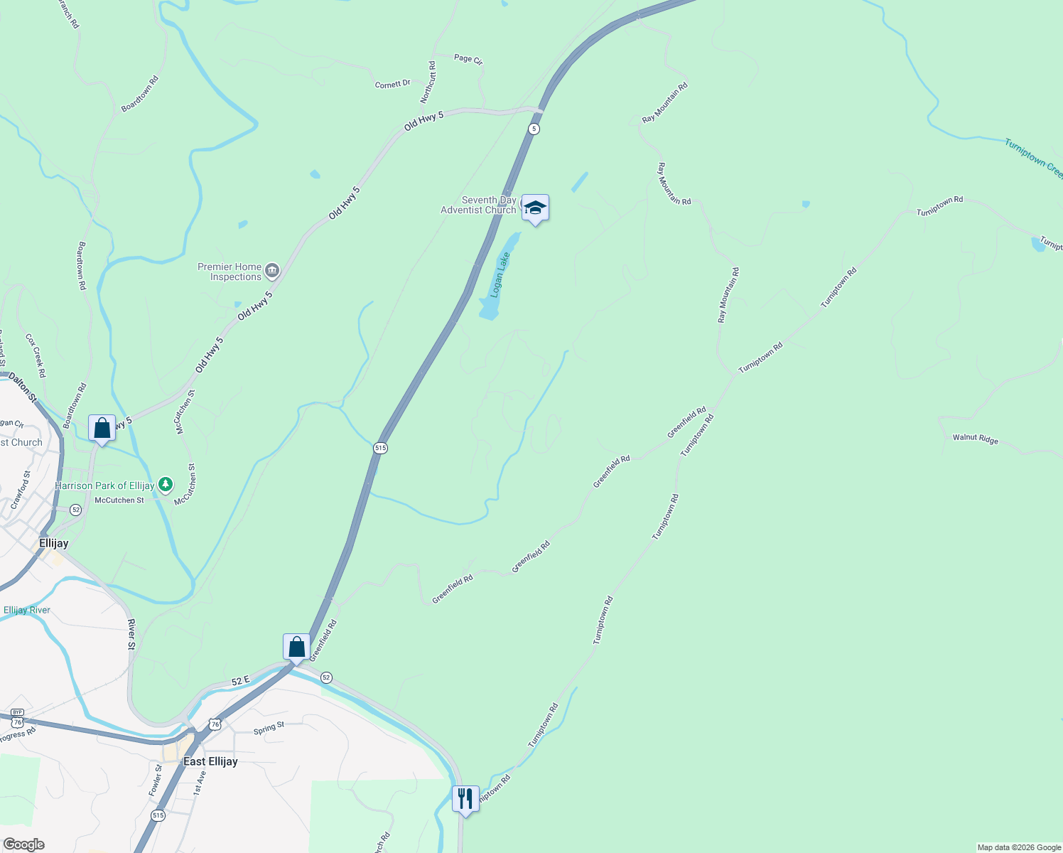 map of restaurants, bars, coffee shops, grocery stores, and more near 181 Oak Ridge Way in Ellijay