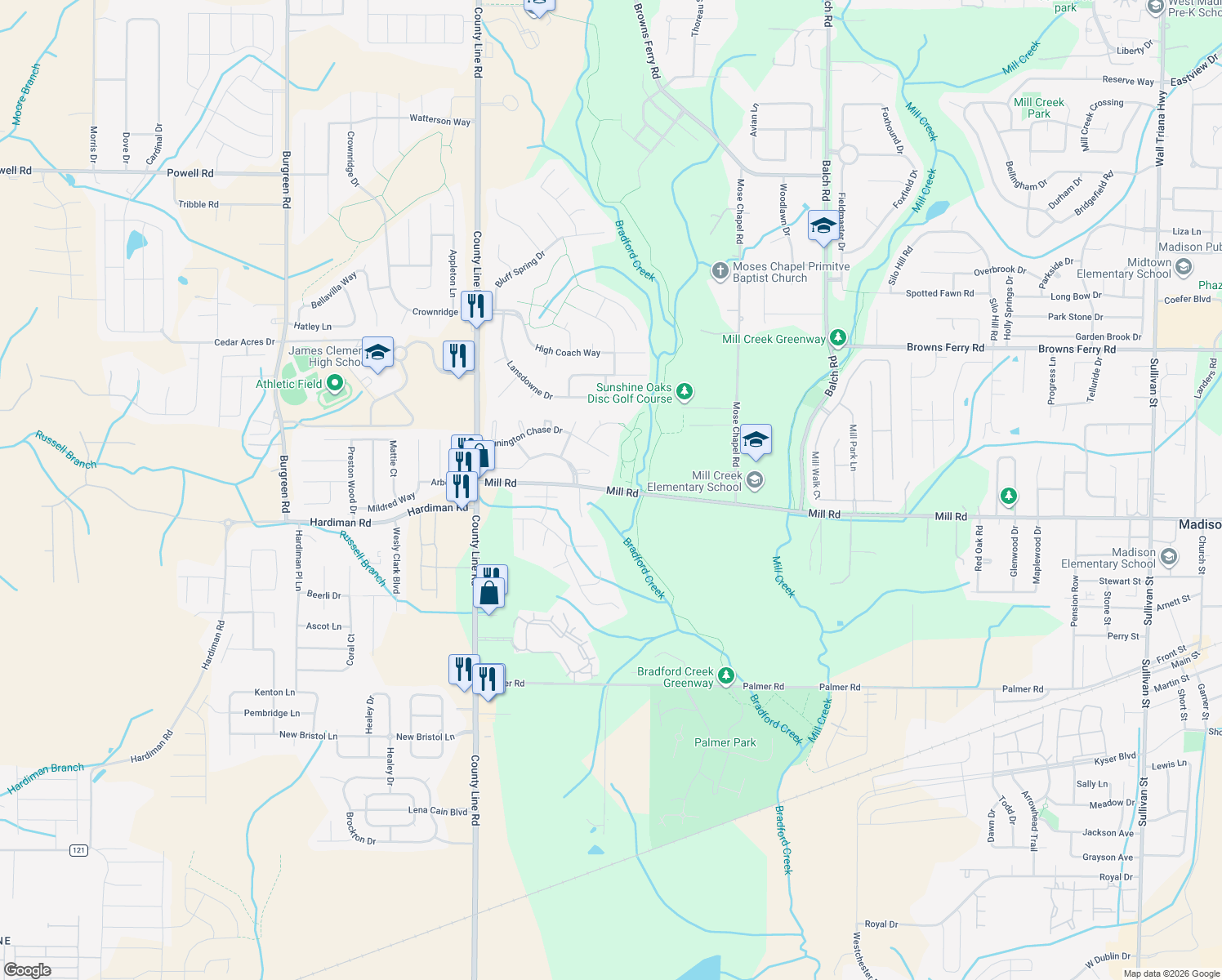 map of restaurants, bars, coffee shops, grocery stores, and more near 1001 Mill Rd in Madison