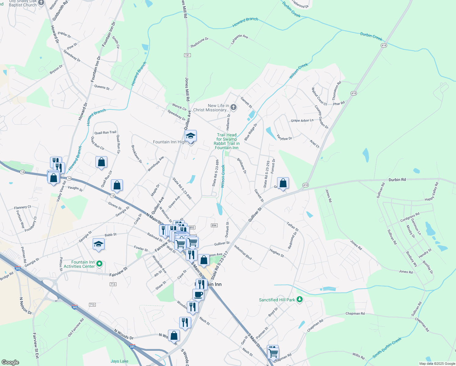 map of restaurants, bars, coffee shops, grocery stores, and more near 608 Sunset Maple Ct in Fountain Inn