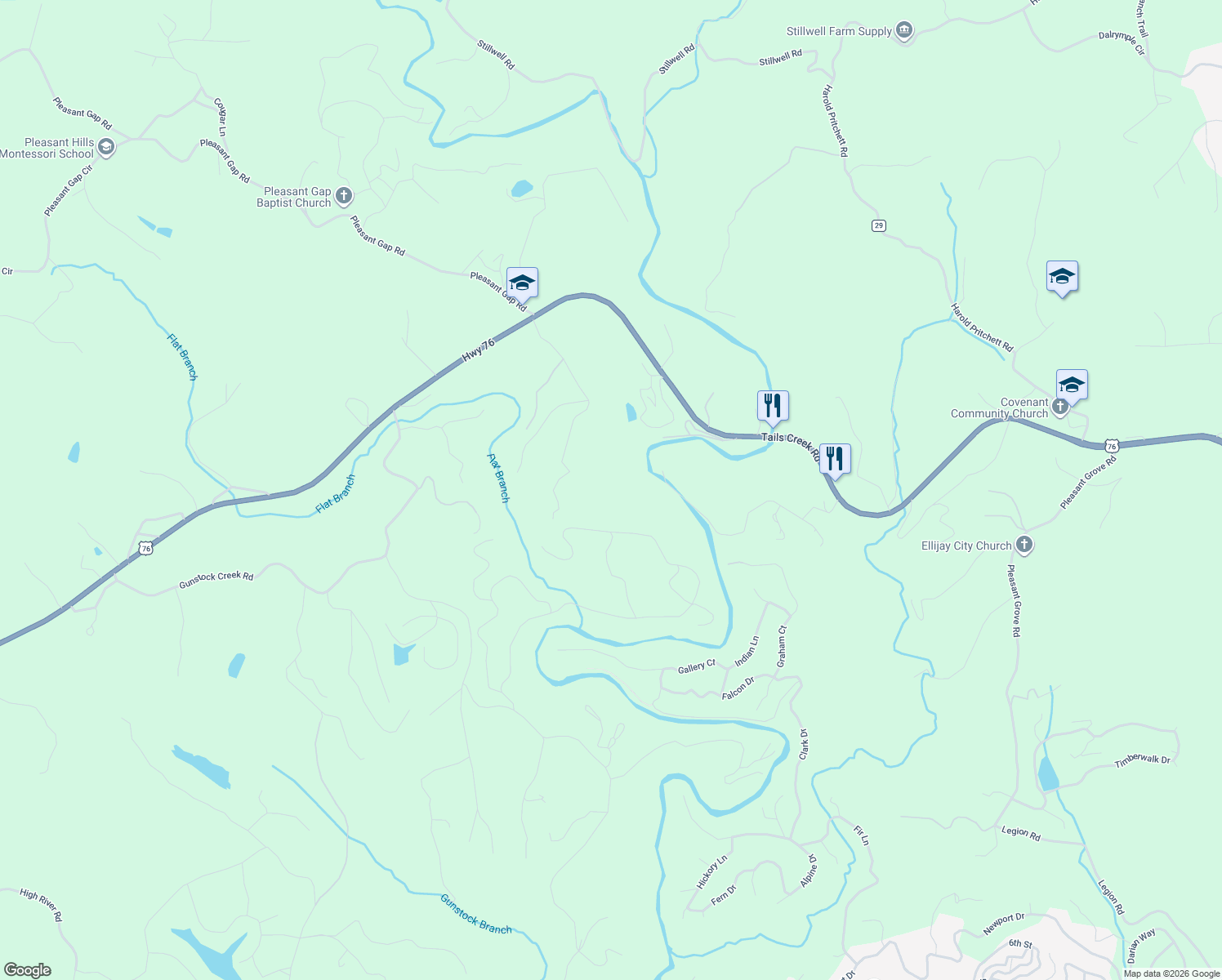 map of restaurants, bars, coffee shops, grocery stores, and more near 184 Mountain Creek Way in Ellijay