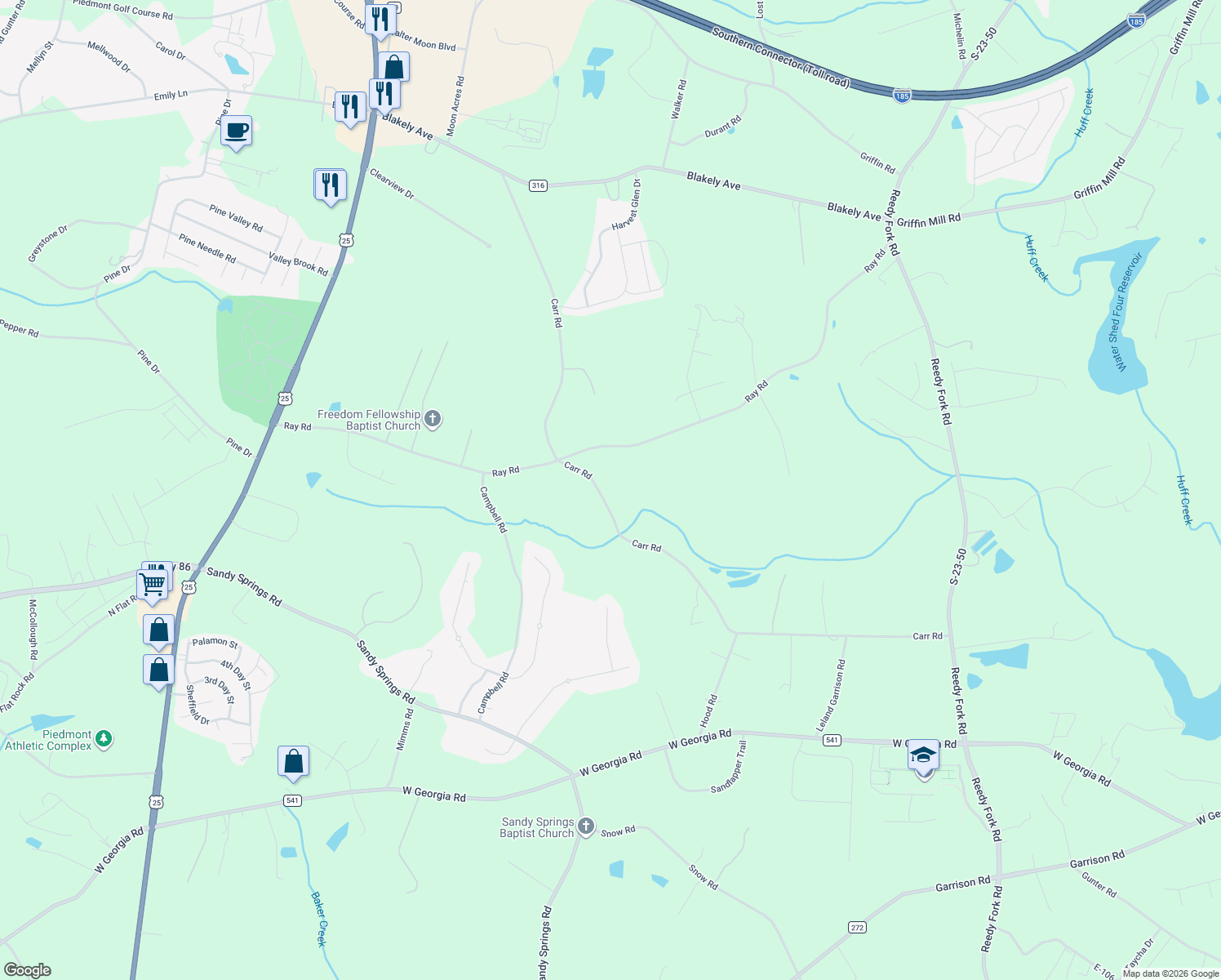 map of restaurants, bars, coffee shops, grocery stores, and more near 223 Carr Rd in Piedmont