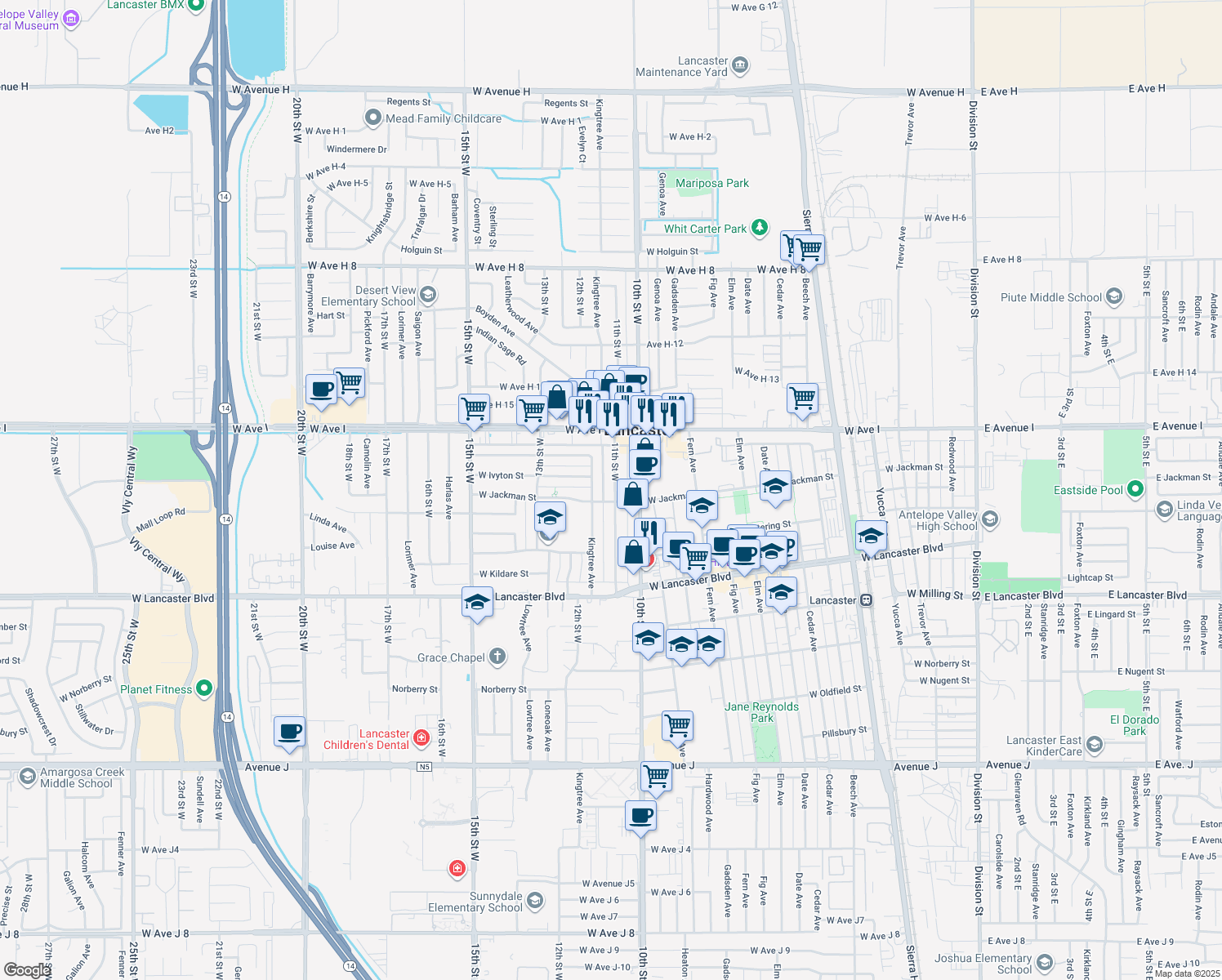 map of restaurants, bars, coffee shops, grocery stores, and more near 45015 11th Street West in Lancaster