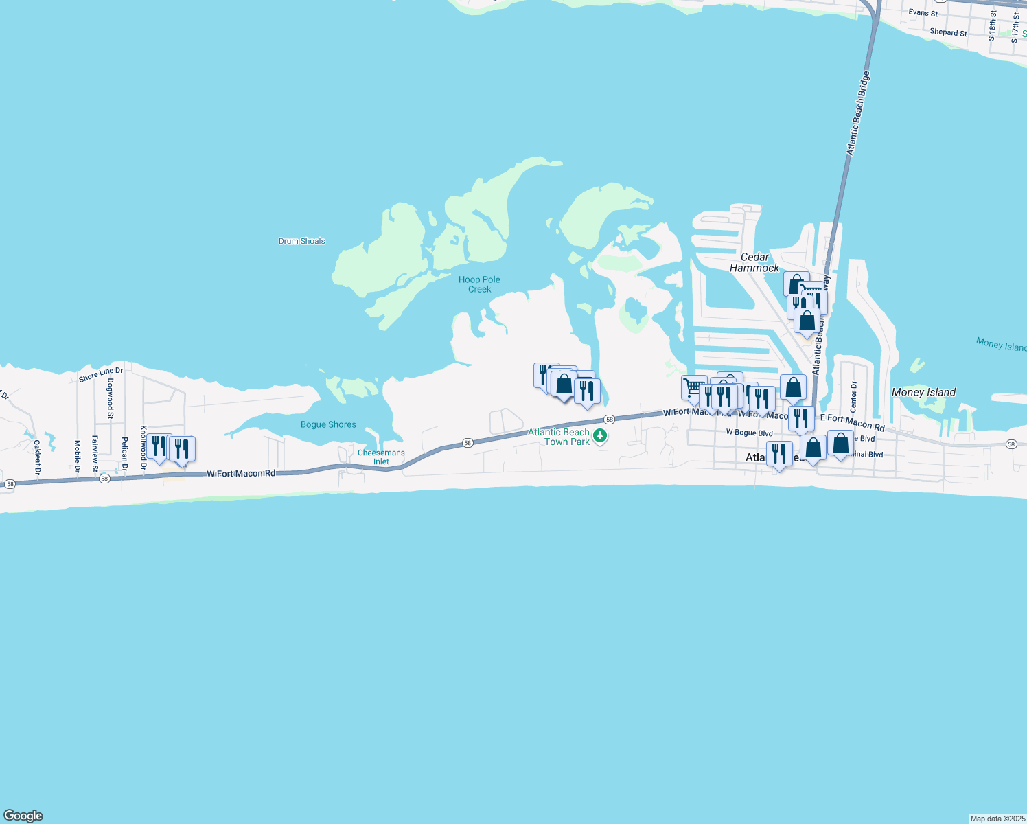 map of restaurants, bars, coffee shops, grocery stores, and more near 120 Sound Side Dr in Atlantic Beach