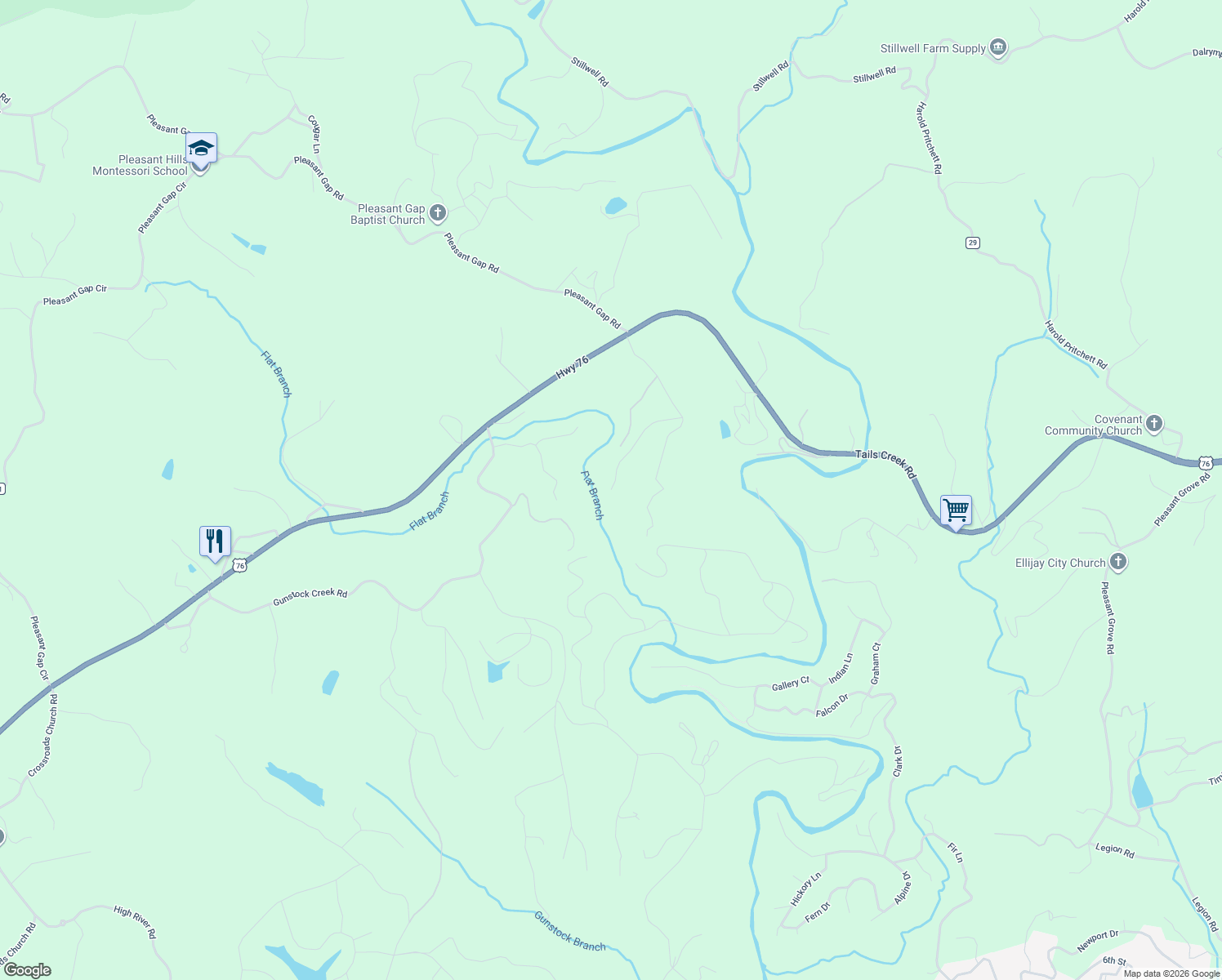 map of restaurants, bars, coffee shops, grocery stores, and more near 530 Dover Chapel Terrace in Ellijay