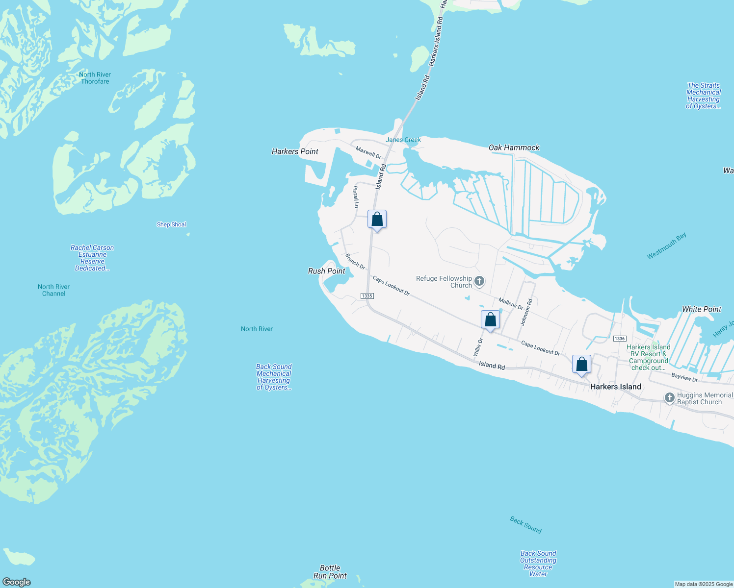 map of restaurants, bars, coffee shops, grocery stores, and more near 431 Island Rd in Harkers Island