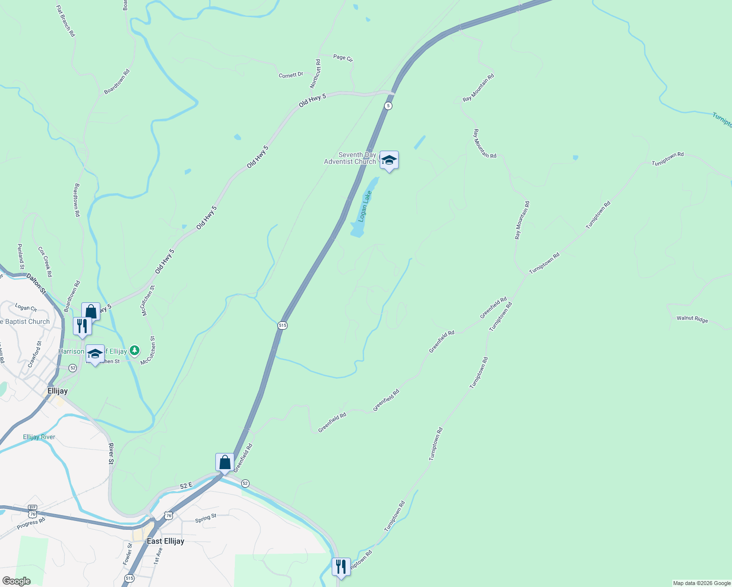 map of restaurants, bars, coffee shops, grocery stores, and more near 128 Oak Ridge Road in East Ellijay