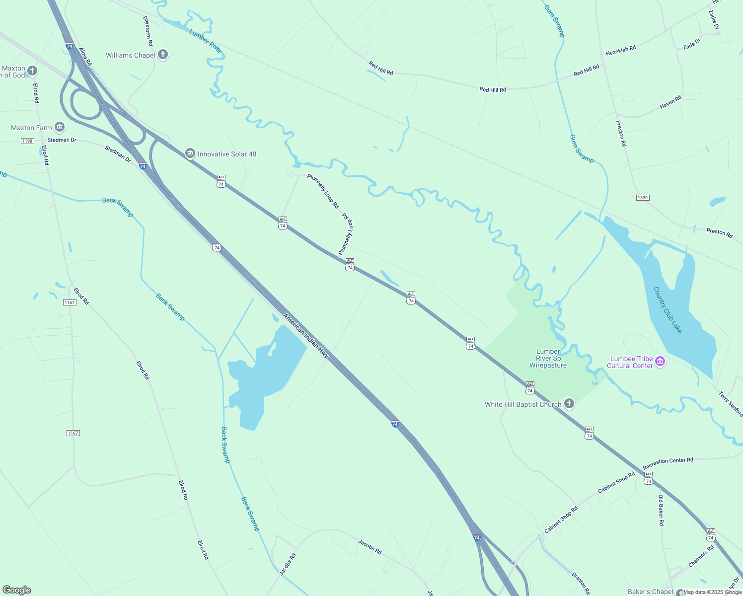 map of restaurants, bars, coffee shops, grocery stores, and more near 95 Pine Forest Drive in Maxton