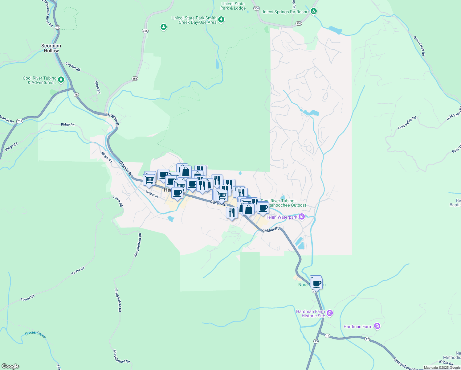 map of restaurants, bars, coffee shops, grocery stores, and more near 630 Chattahoochee Strasse in Helen