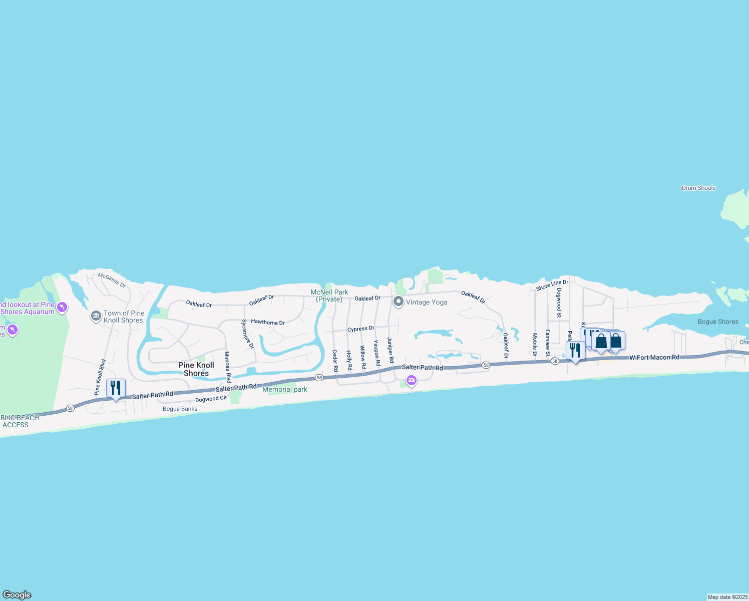 map of restaurants, bars, coffee shops, grocery stores, and more near 173 Oakleaf Dr in Pine Knoll Shores