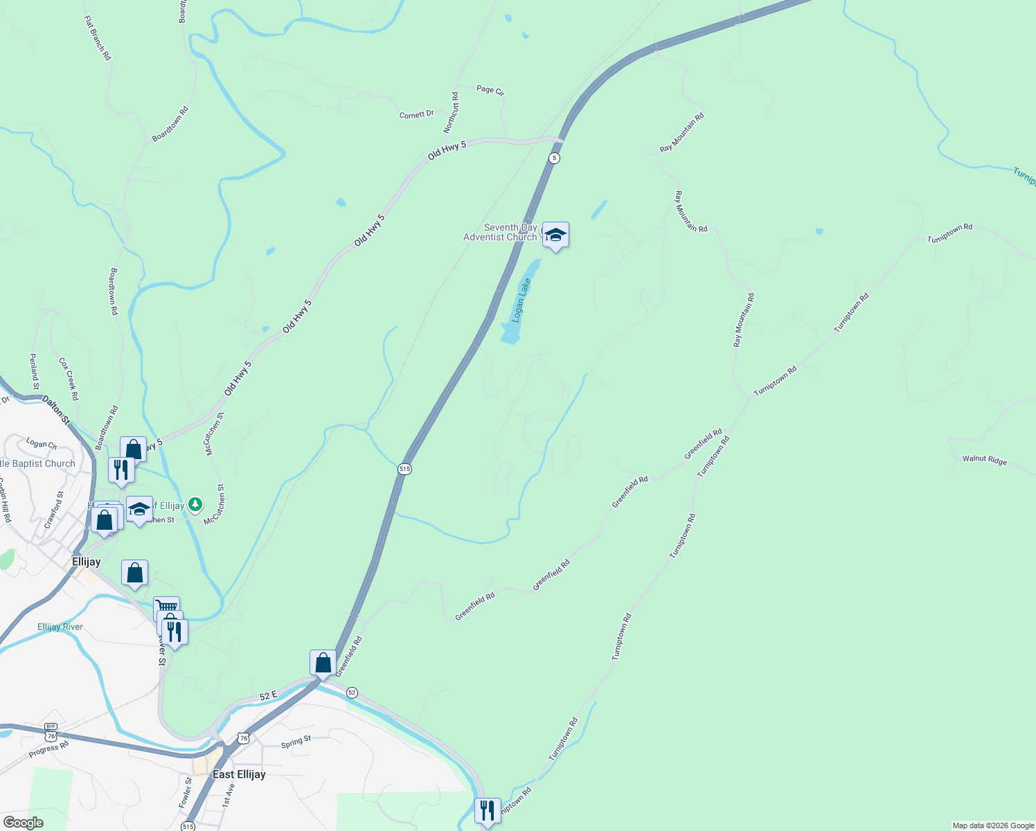 map of restaurants, bars, coffee shops, grocery stores, and more near 690 Oak Ridge Road in Ellijay