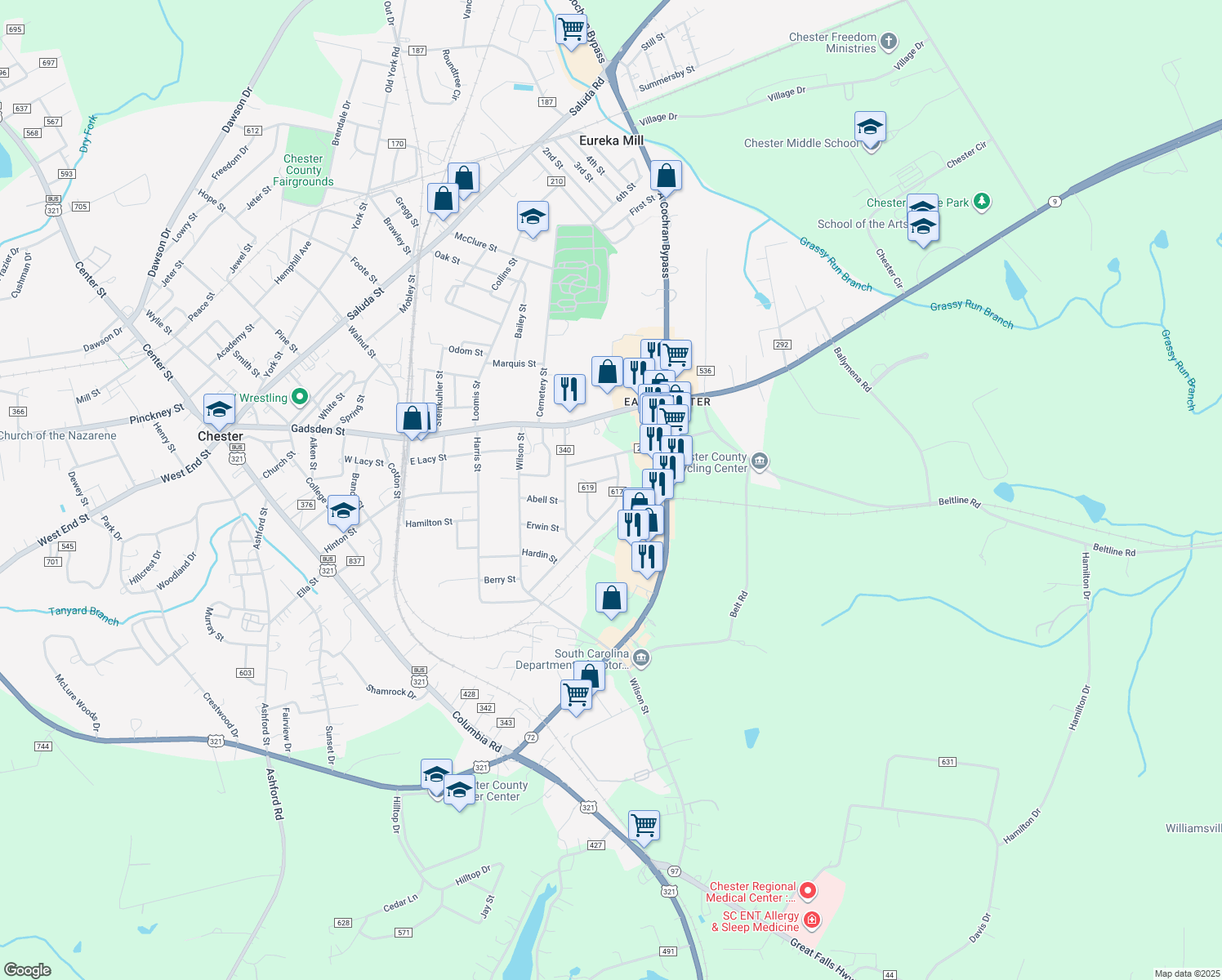 map of restaurants, bars, coffee shops, grocery stores, and more near 609 McDowell Drive in Chester