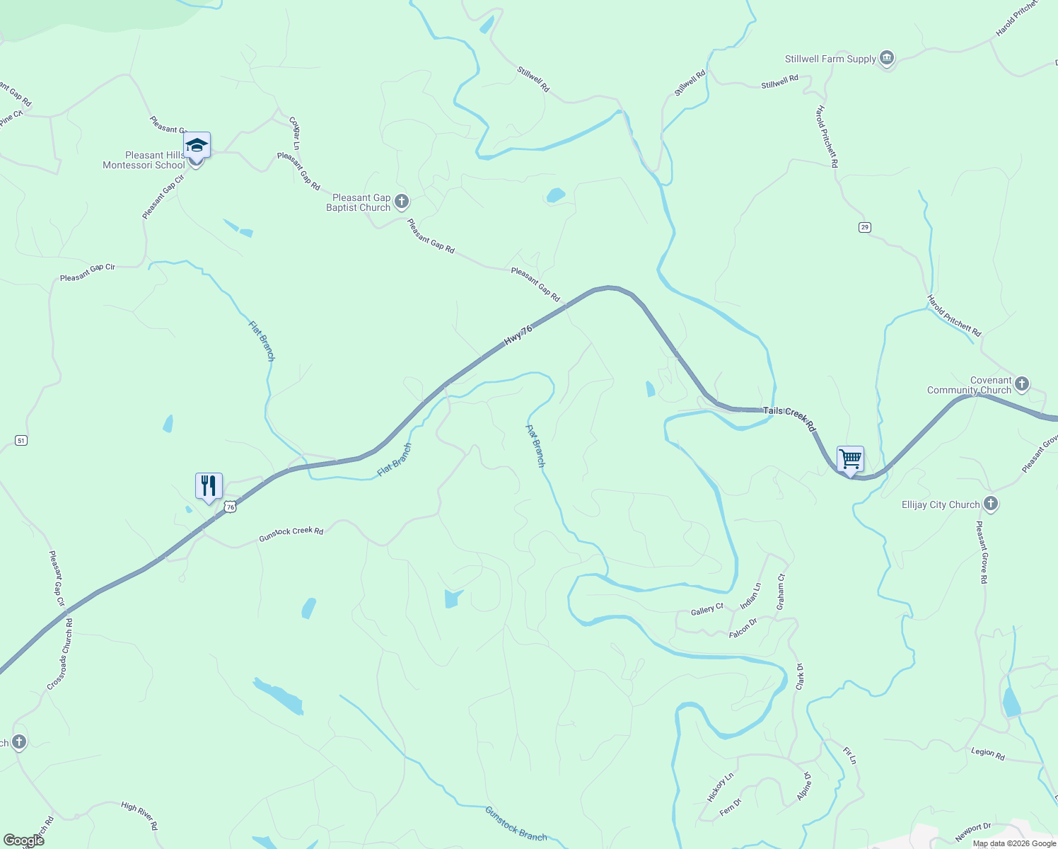 map of restaurants, bars, coffee shops, grocery stores, and more near 530 Dover Chapel Terrace in Ellijay