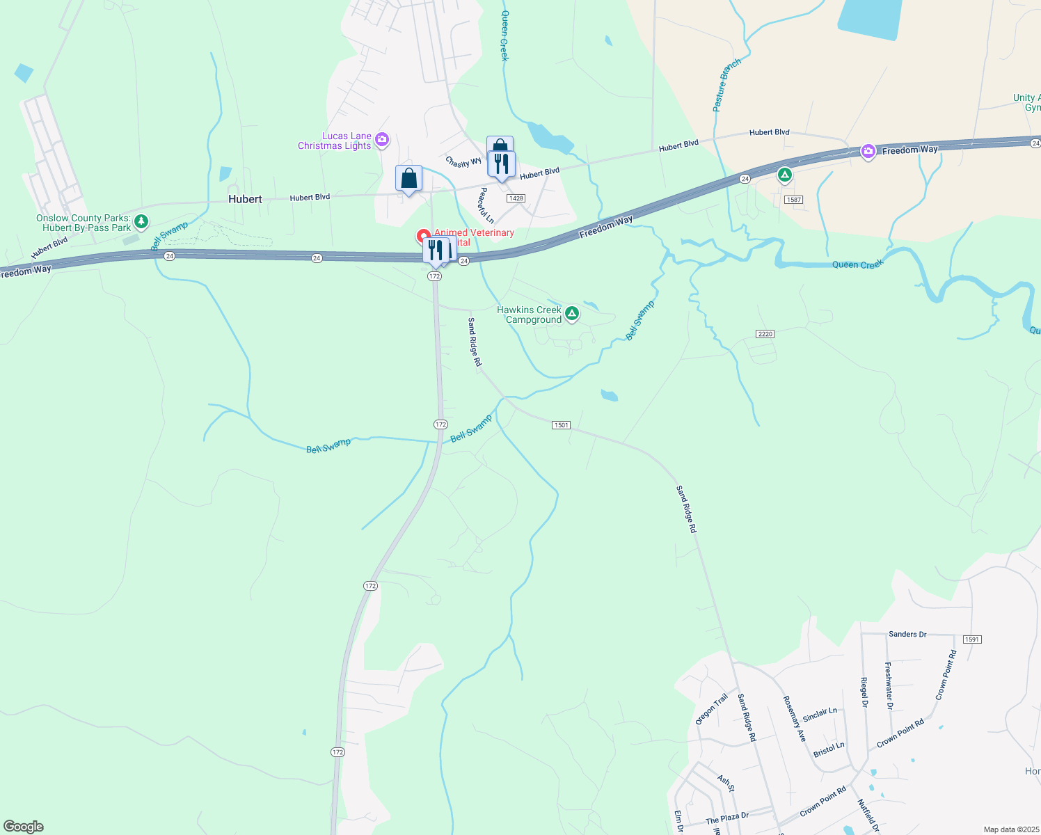 map of restaurants, bars, coffee shops, grocery stores, and more near 186 Sandridge Road in Hubert