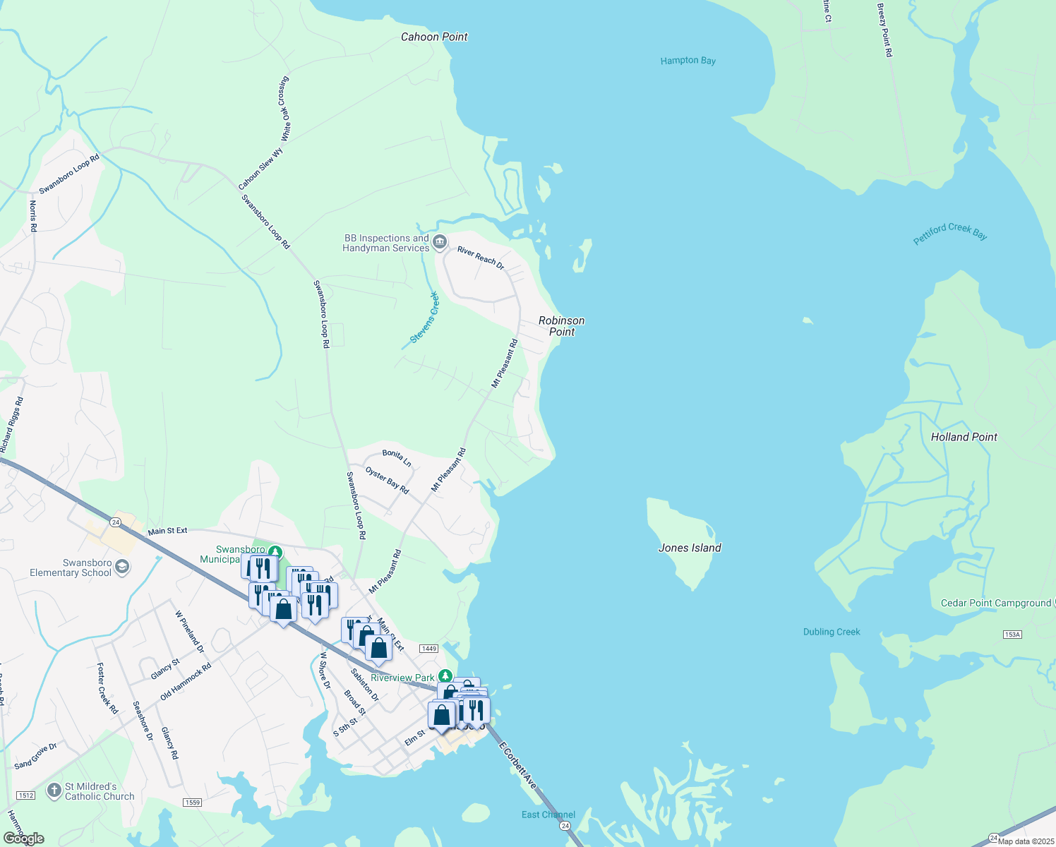 map of restaurants, bars, coffee shops, grocery stores, and more near 400 Sunrise Ln in Swansboro