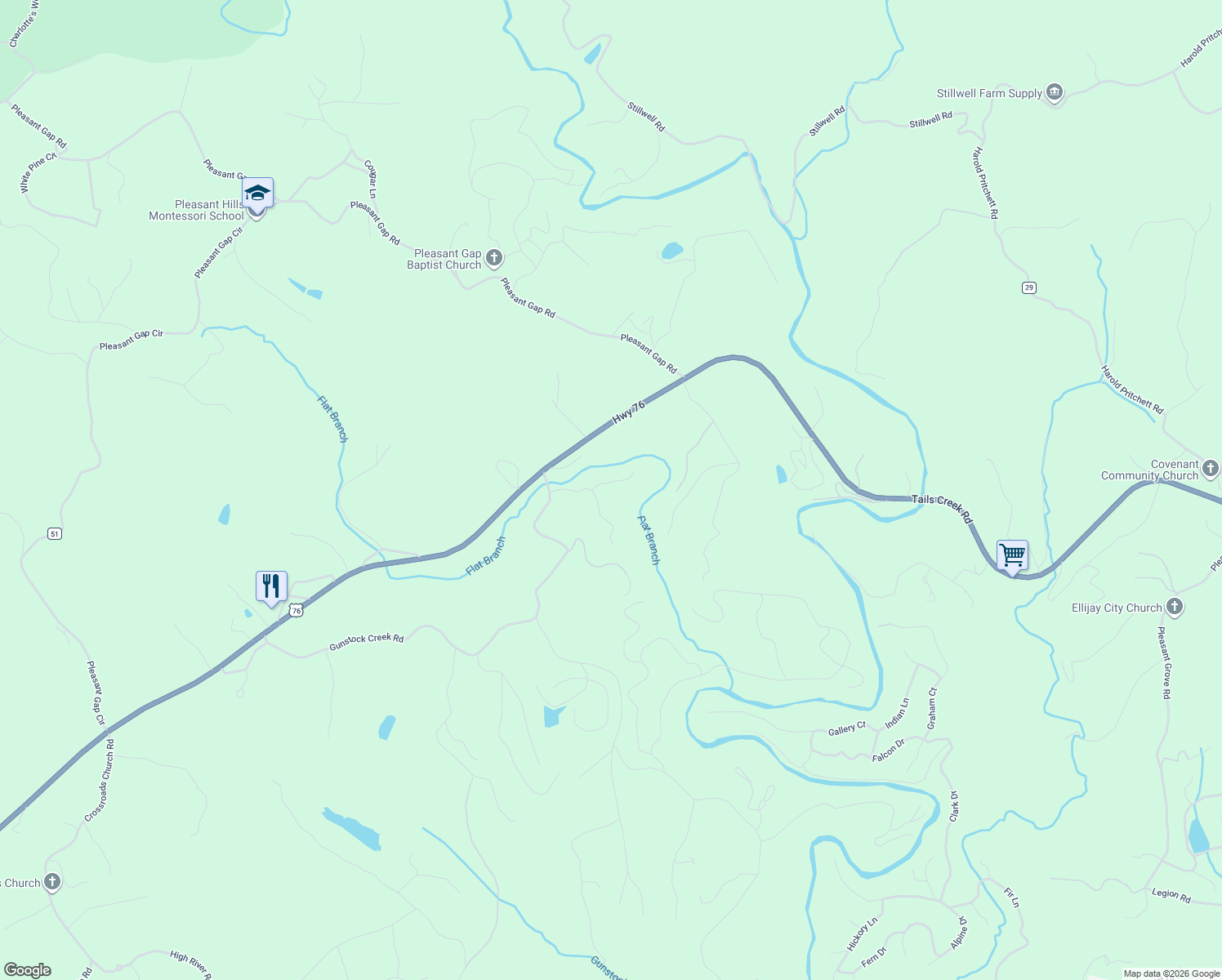 map of restaurants, bars, coffee shops, grocery stores, and more near 34 Thornwood Lane in Ellijay