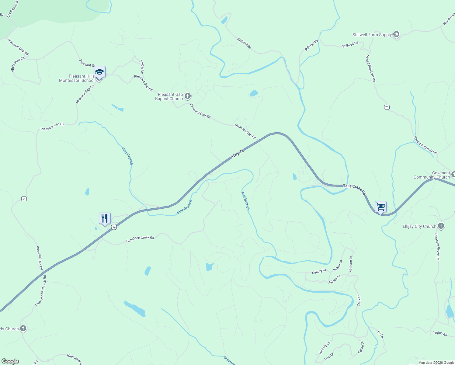 map of restaurants, bars, coffee shops, grocery stores, and more near 34 Thornwood Lane in Ellijay