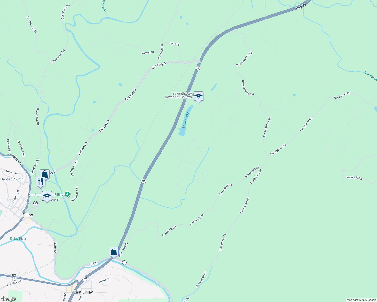 map of restaurants, bars, coffee shops, grocery stores, and more near 591 Oak Ridge Road in Ellijay
