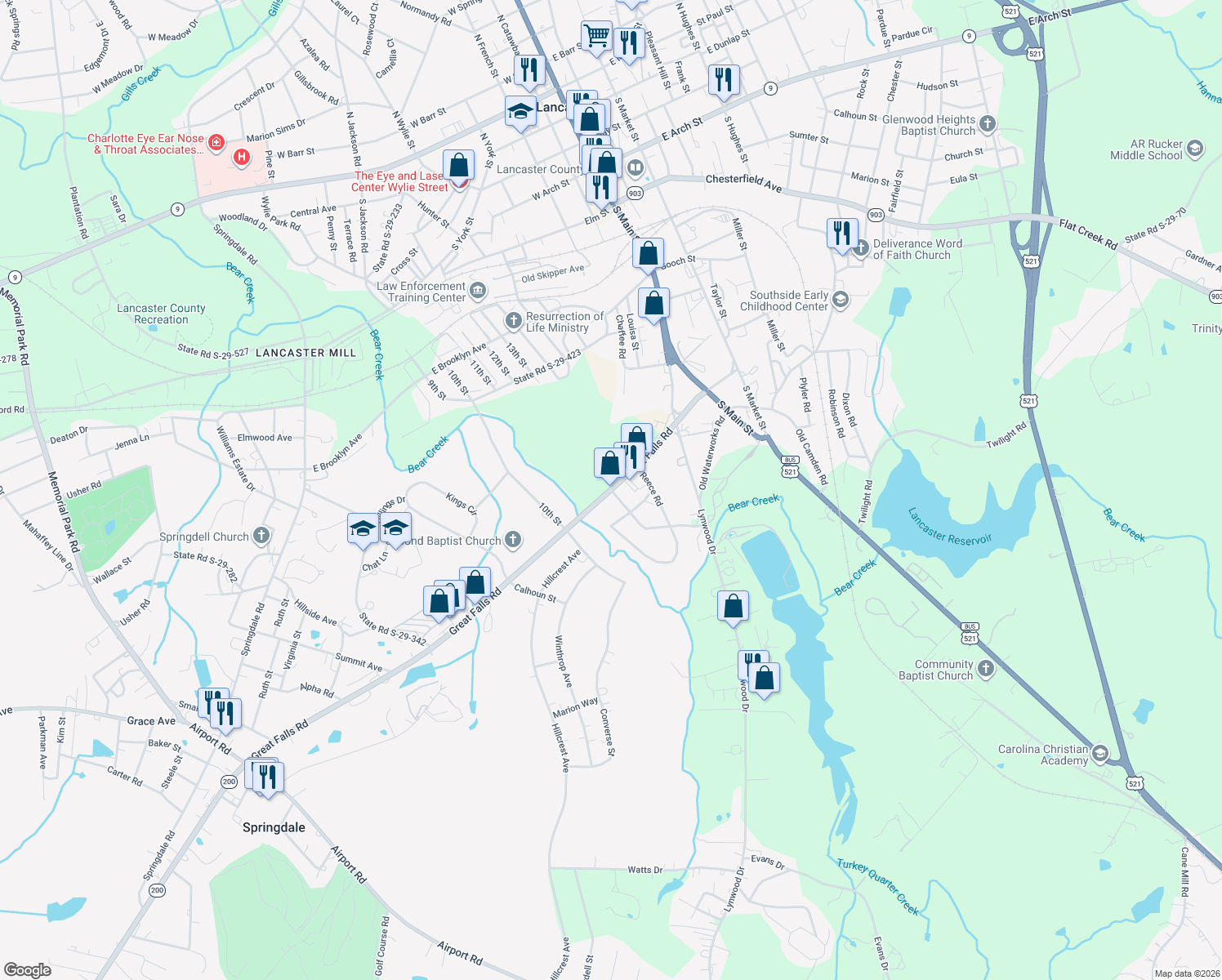 map of restaurants, bars, coffee shops, grocery stores, and more near 235 Great Falls Highway in Lancaster