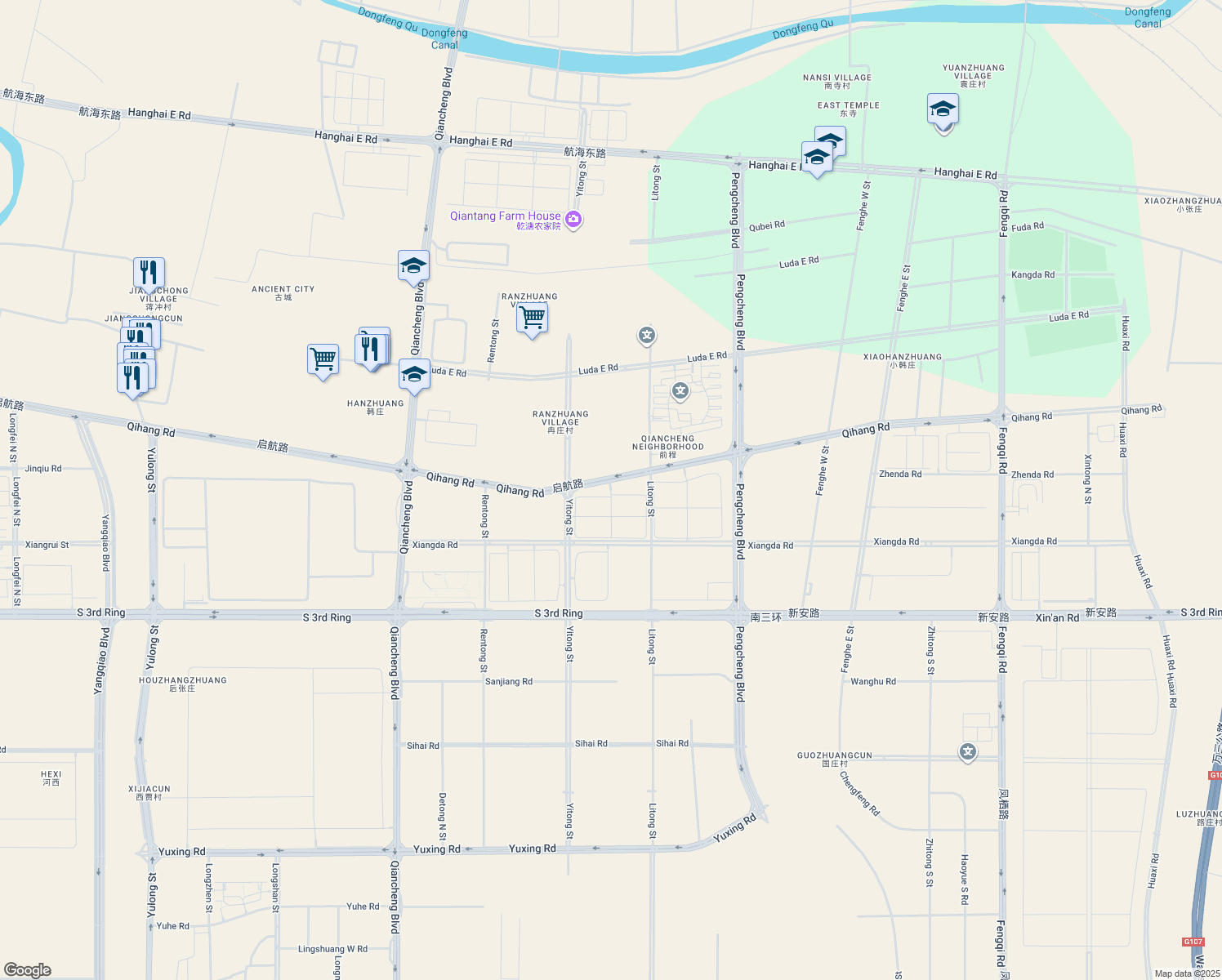 map of restaurants, bars, coffee shops, grocery stores, and more near 195 Qi Hang Lu in Zheng Zhou Shi