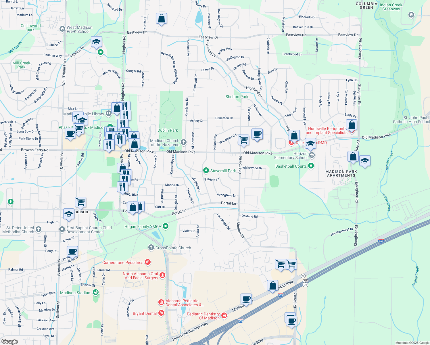 map of restaurants, bars, coffee shops, grocery stores, and more near 125 Betty Garrett Drive in Madison