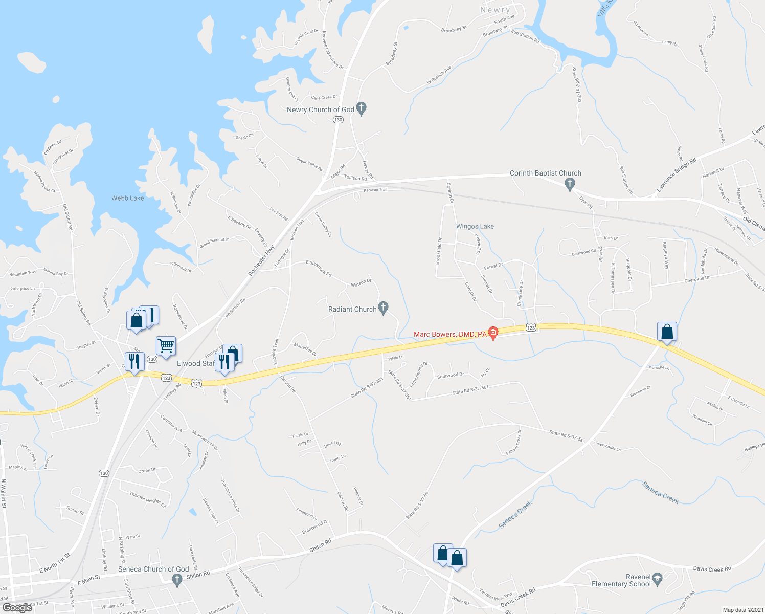 map of restaurants, bars, coffee shops, grocery stores, and more near 11087 Watson Drive in Seneca