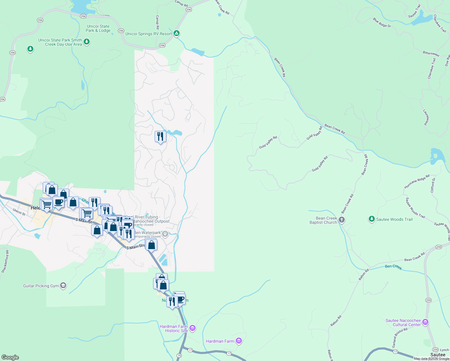 map of restaurants, bars, coffee shops, grocery stores, and more near 224 Coyote Trail in Sautee Nacoochee