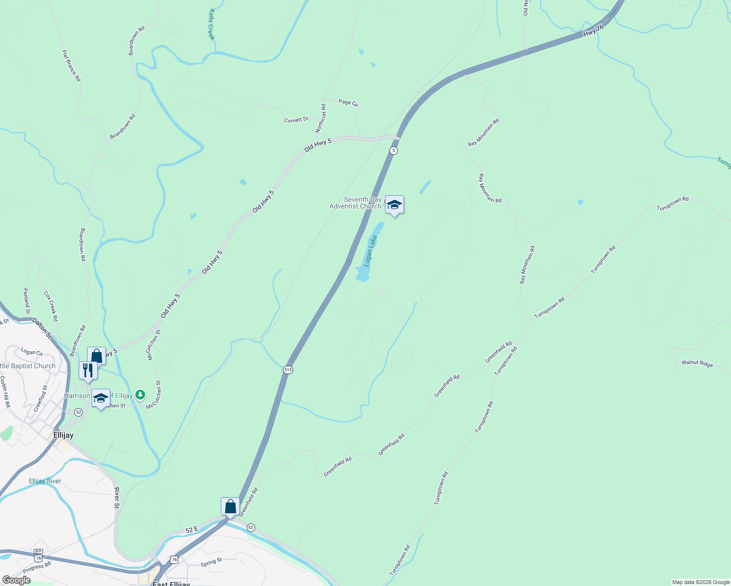 map of restaurants, bars, coffee shops, grocery stores, and more near 345 Oakridge Drive in Ellijay