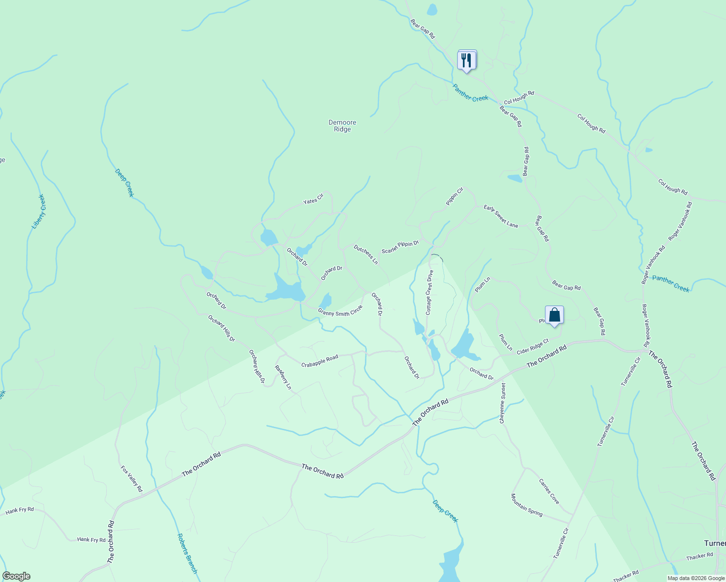 map of restaurants, bars, coffee shops, grocery stores, and more near Orchard Creek Drive in Habersham County