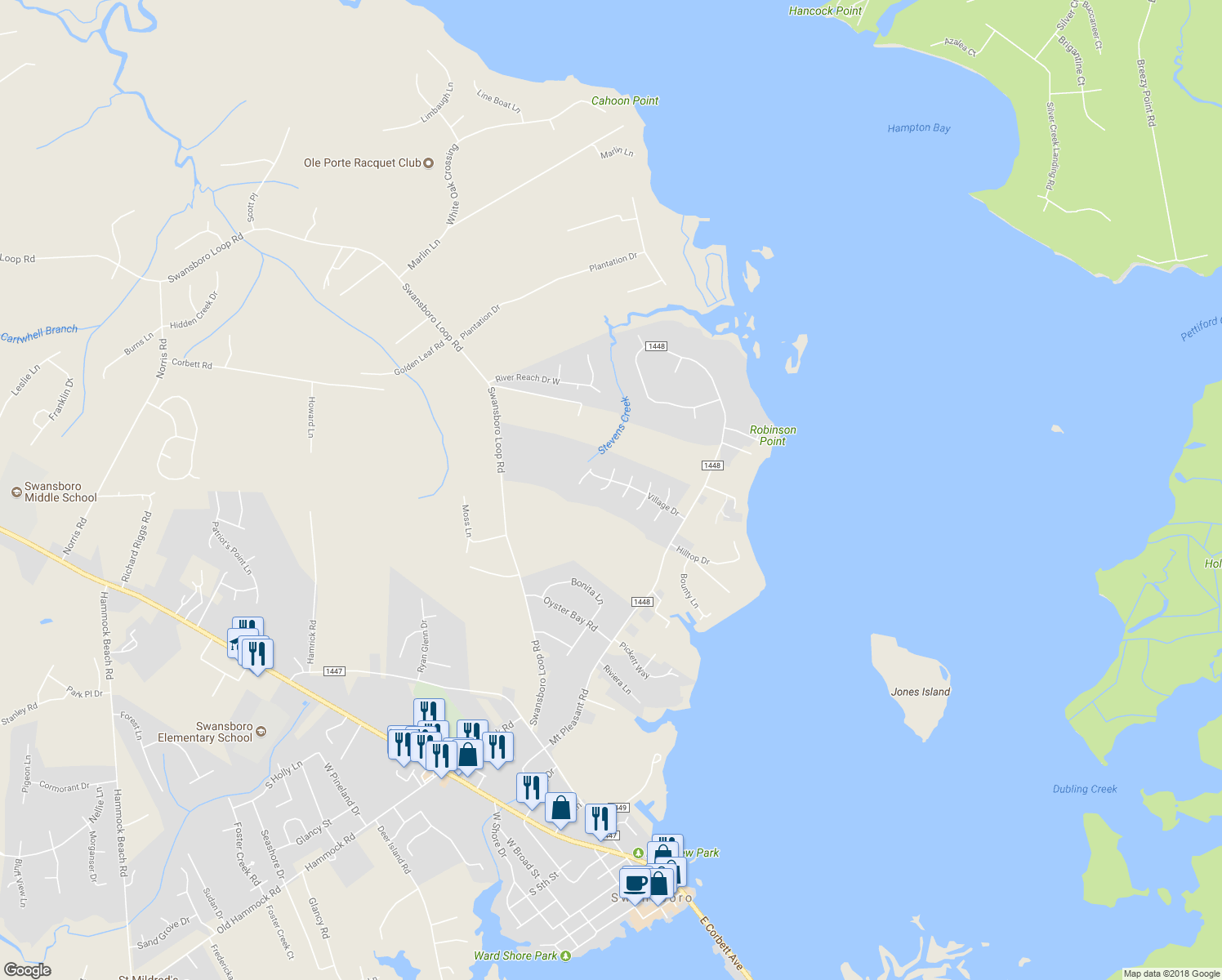 map of restaurants, bars, coffee shops, grocery stores, and more near 703 Hummingbird South in Swansboro