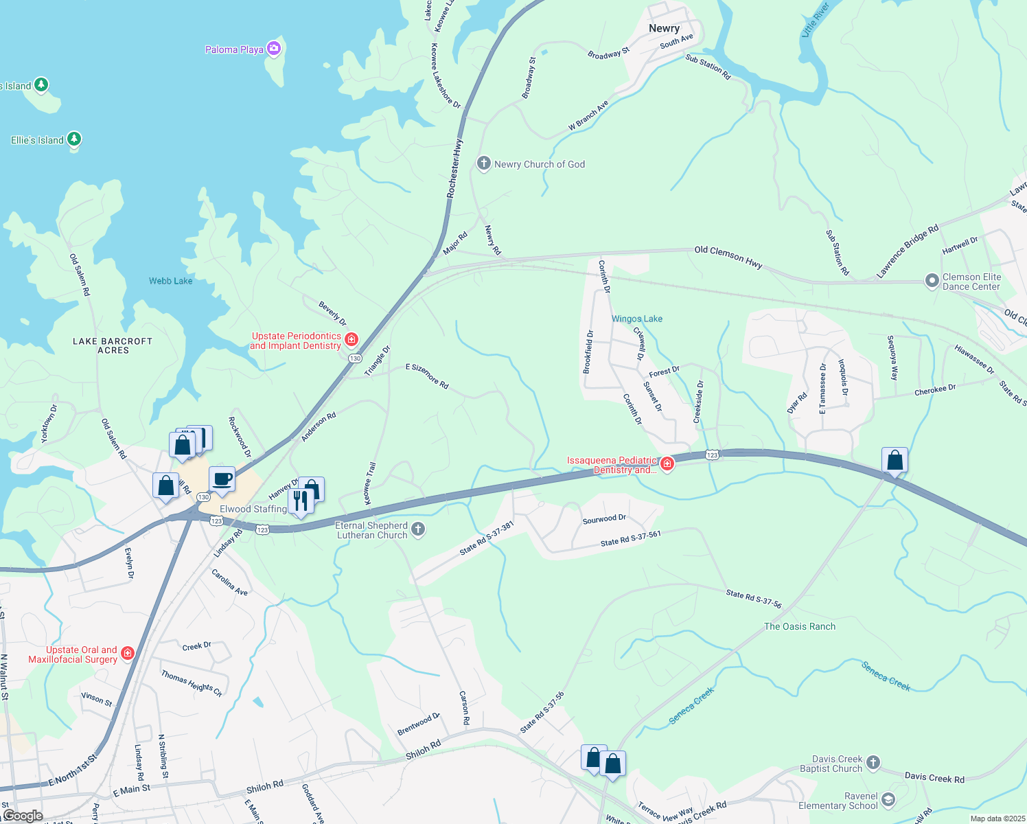 map of restaurants, bars, coffee shops, grocery stores, and more near 11087-11097 Watson Dr in Seneca