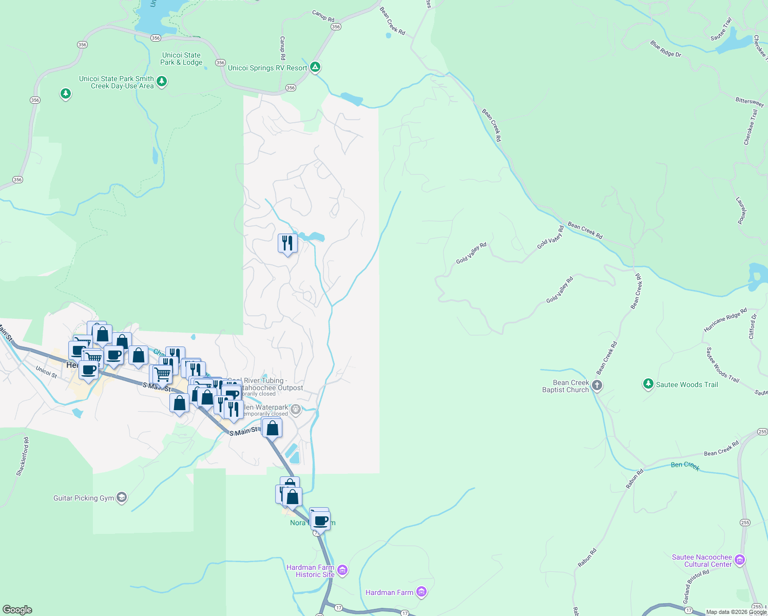 map of restaurants, bars, coffee shops, grocery stores, and more near 224 Coyote Trail in Sautee Nacoochee