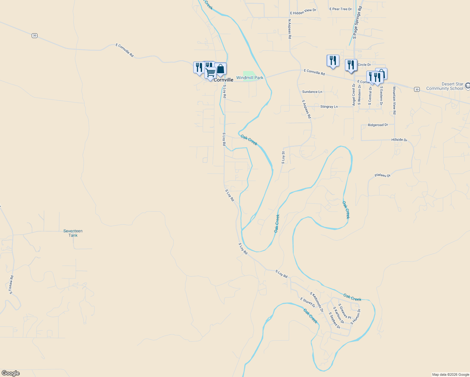map of restaurants, bars, coffee shops, grocery stores, and more near 9780 E Maggie Ln in Cornville