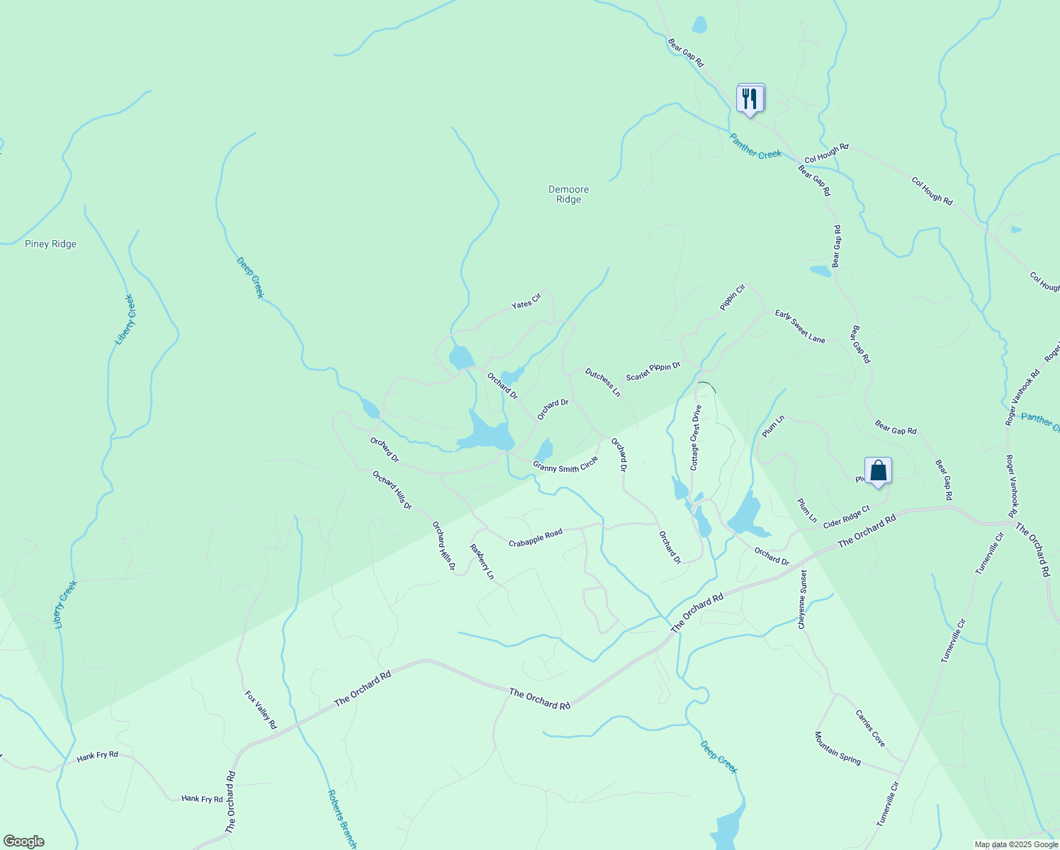 map of restaurants, bars, coffee shops, grocery stores, and more near 3394 Orchard Drive in Clarkesville