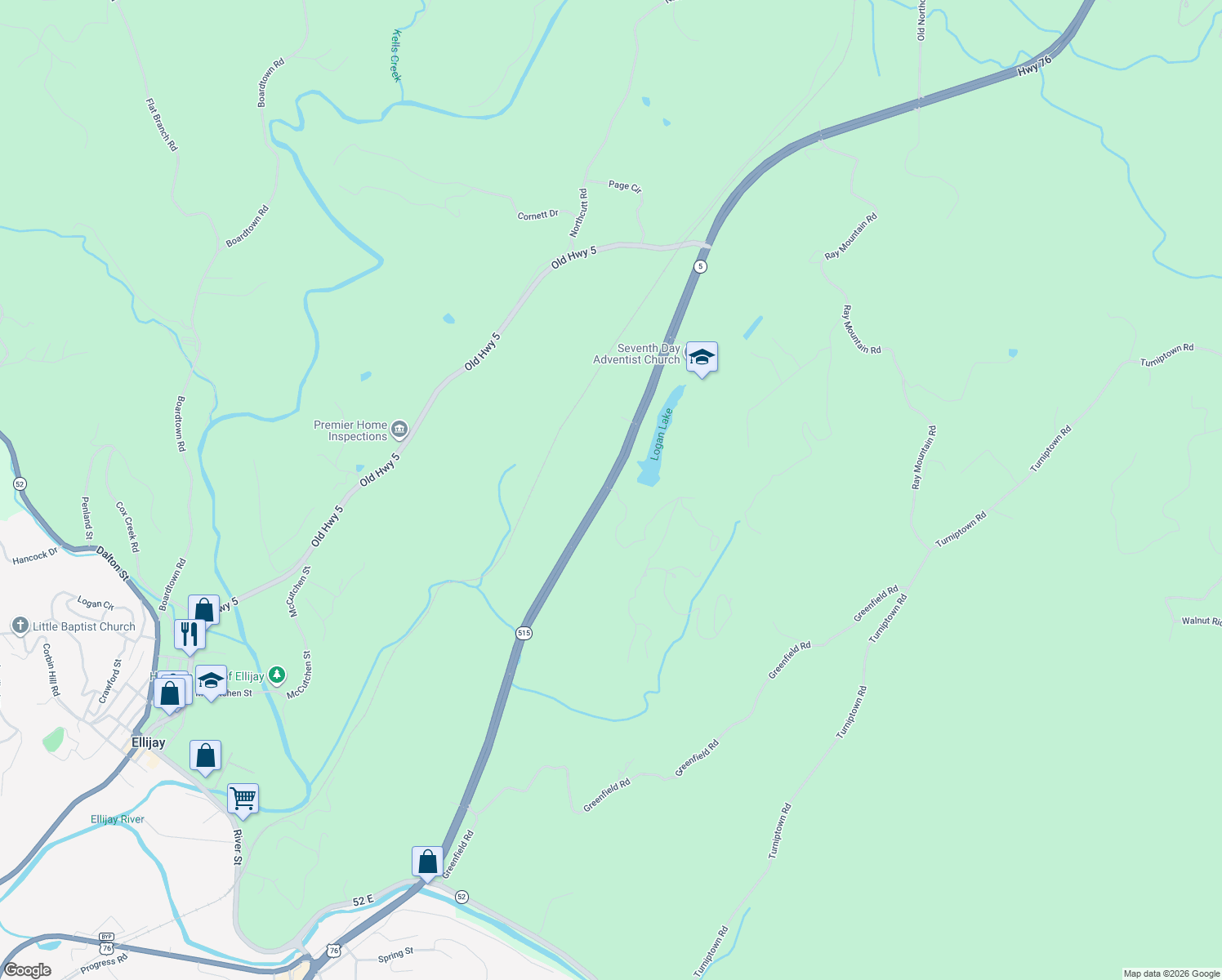 map of restaurants, bars, coffee shops, grocery stores, and more near 84-98 Oak Ridge Road in Ellijay