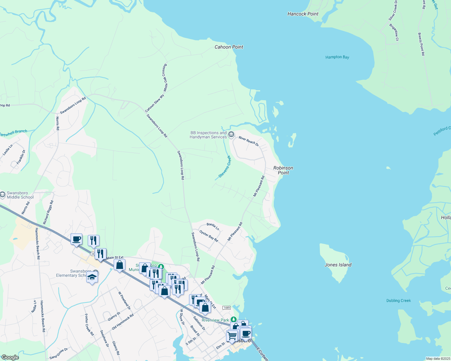 map of restaurants, bars, coffee shops, grocery stores, and more near 806 Hummingbird North in Swansboro