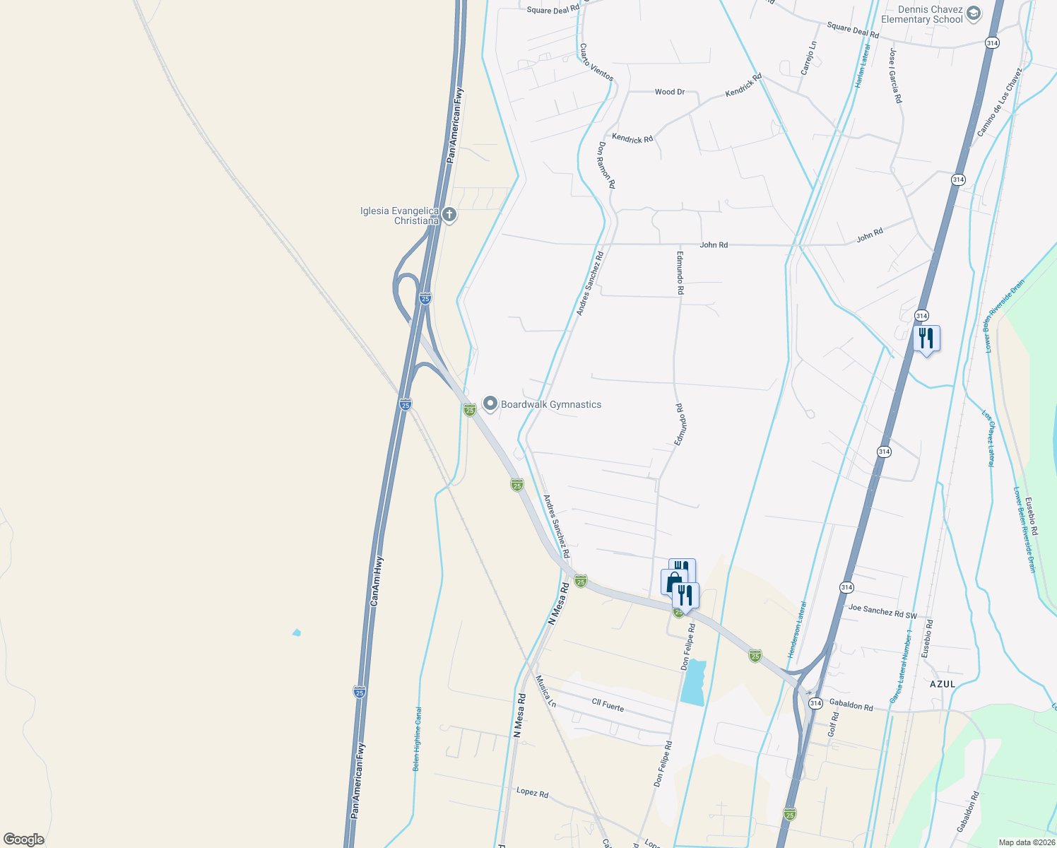 map of restaurants, bars, coffee shops, grocery stores, and more near 47 Industrial Park Lane in Belen