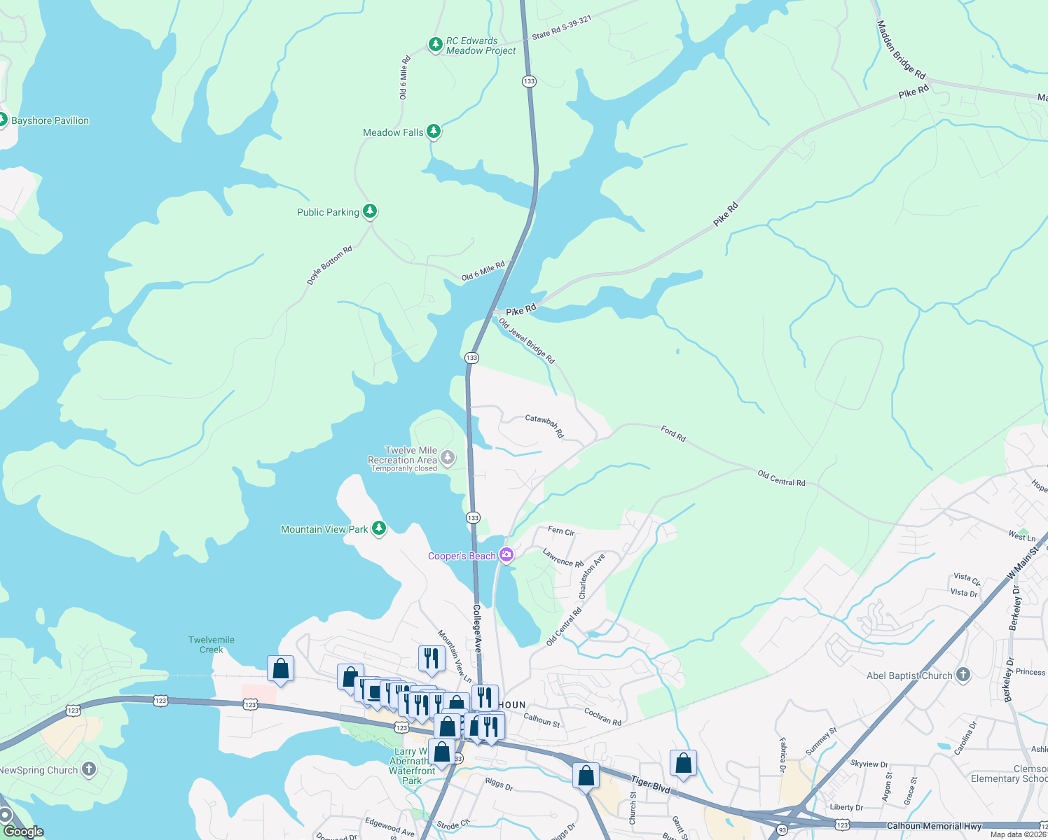 map of restaurants, bars, coffee shops, grocery stores, and more near 104 Catawbah Road in Clemson