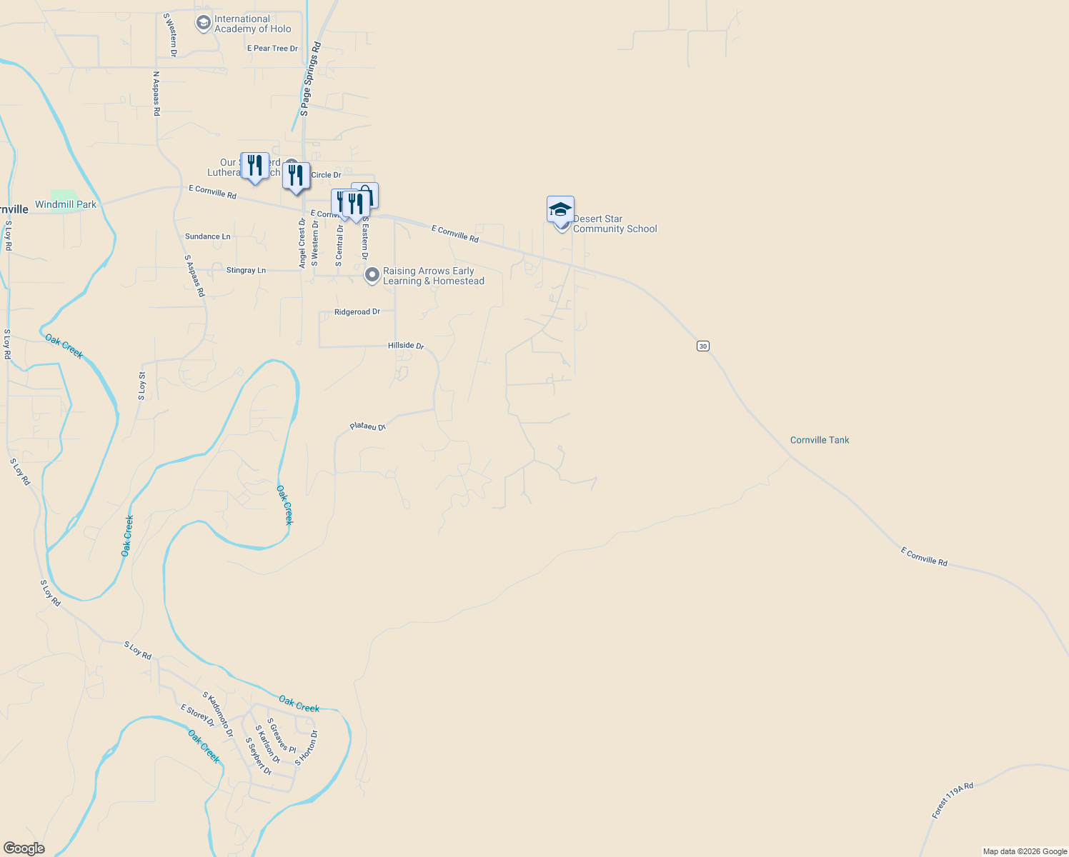map of restaurants, bars, coffee shops, grocery stores, and more near 1775 Koch Ranch Road in Cornville