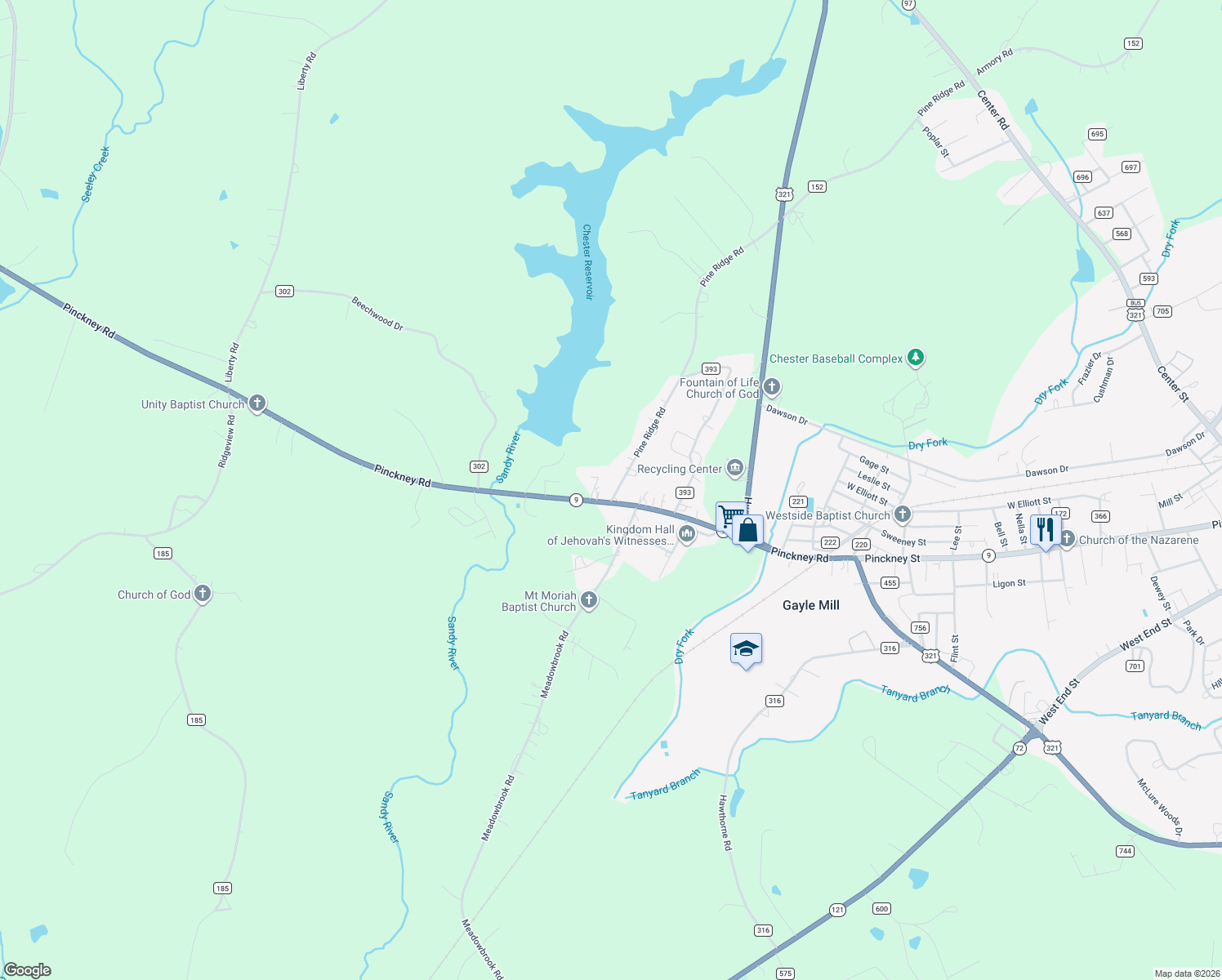 map of restaurants, bars, coffee shops, grocery stores, and more near 1050 Pine Ridge Road in Chester