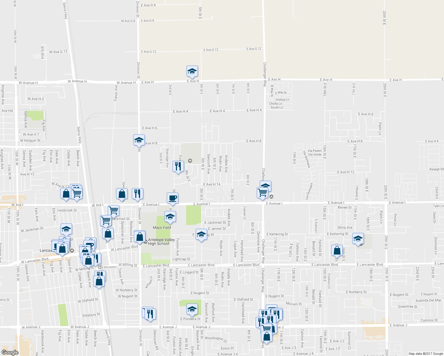 map of restaurants, bars, coffee shops, grocery stores, and more near 45324 Rodin Avenue in Lancaster